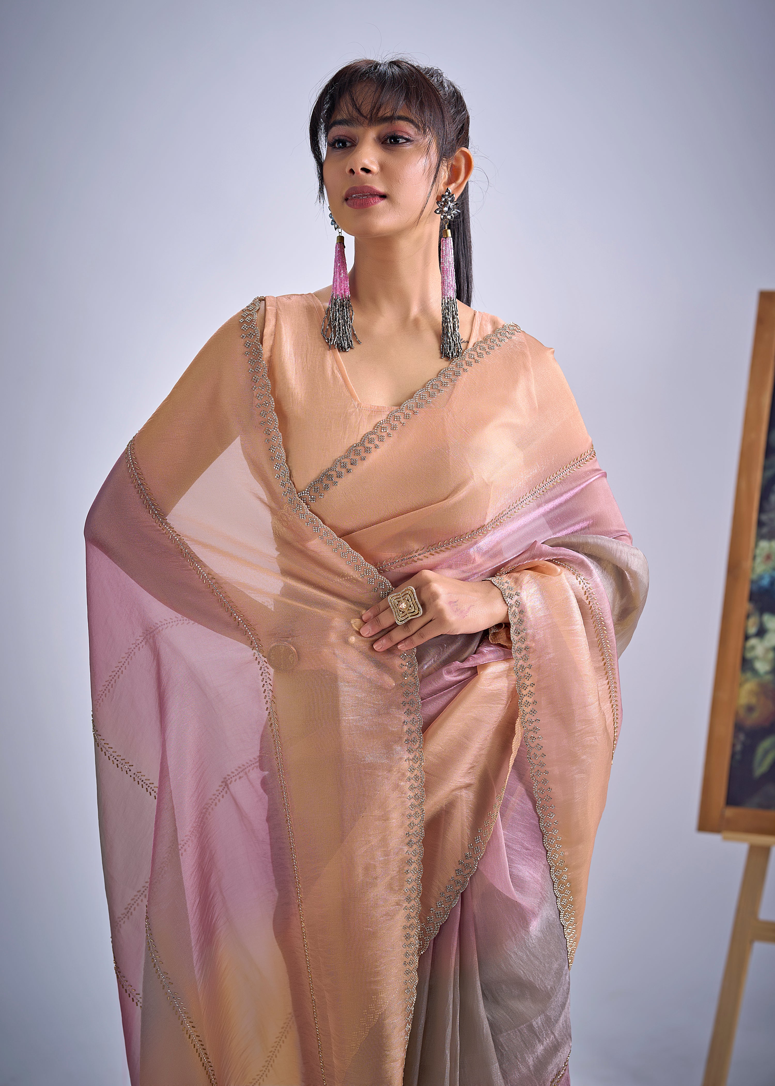 Peachy Mauve Embellished Premium Silk Saree