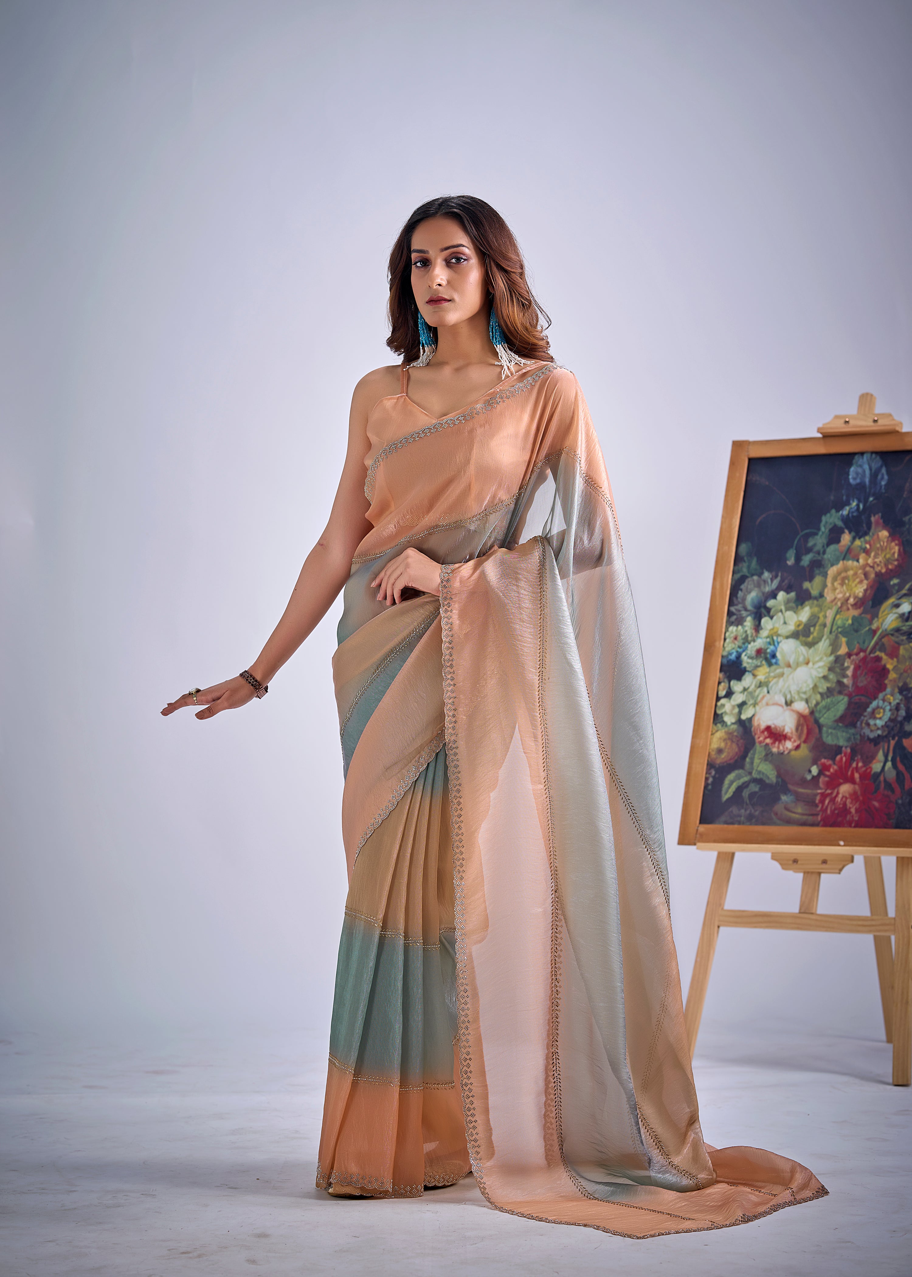 Peachy Blue Embellished Premium Silk Saree
