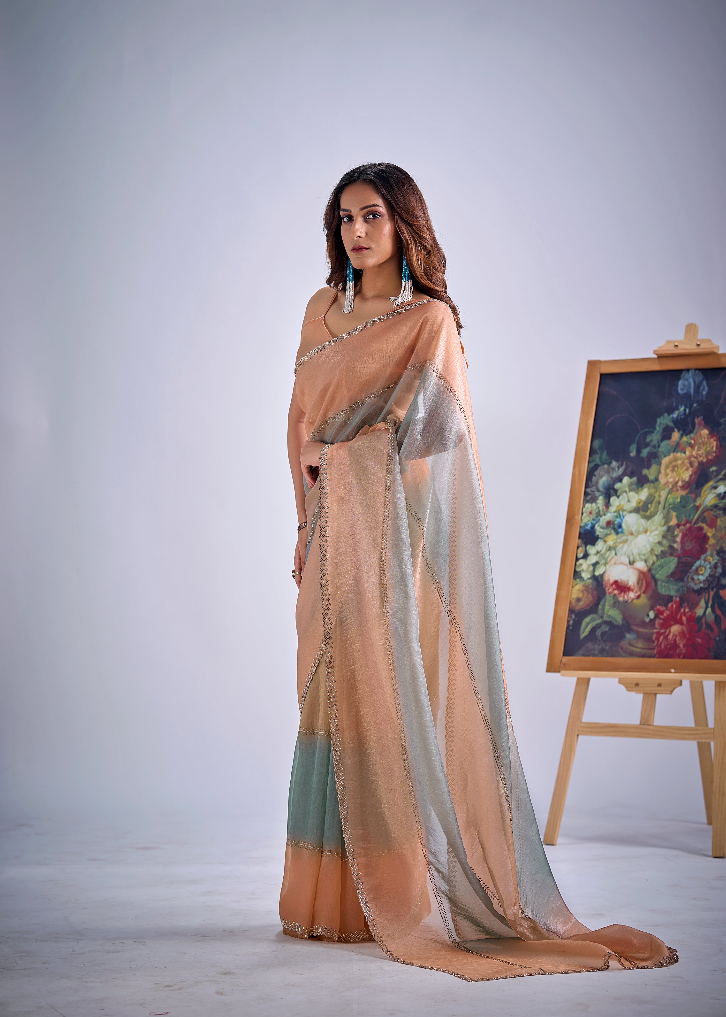 Peachy Blue Embellished Premium Silk Saree