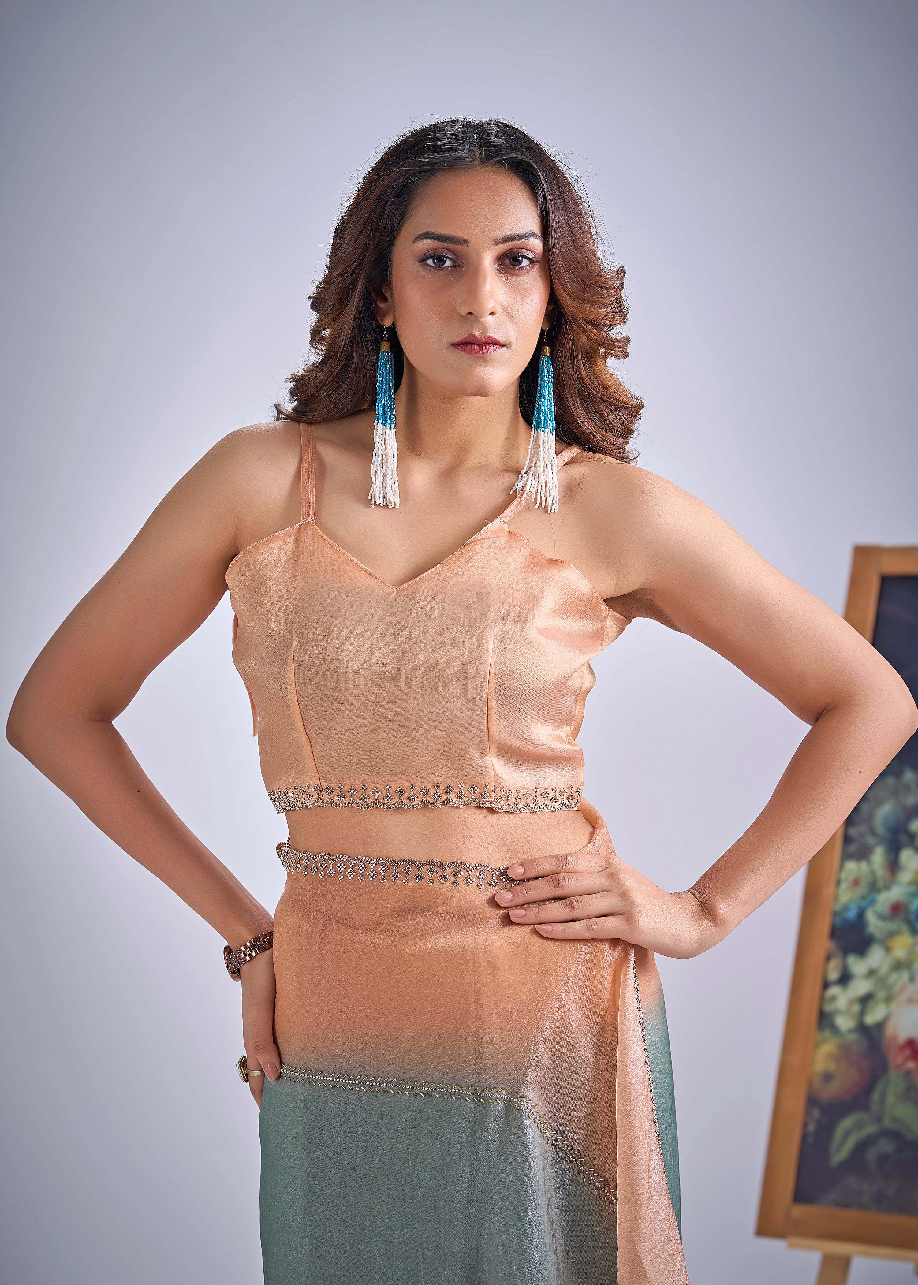 Peachy Blue Embellished Premium Silk Saree