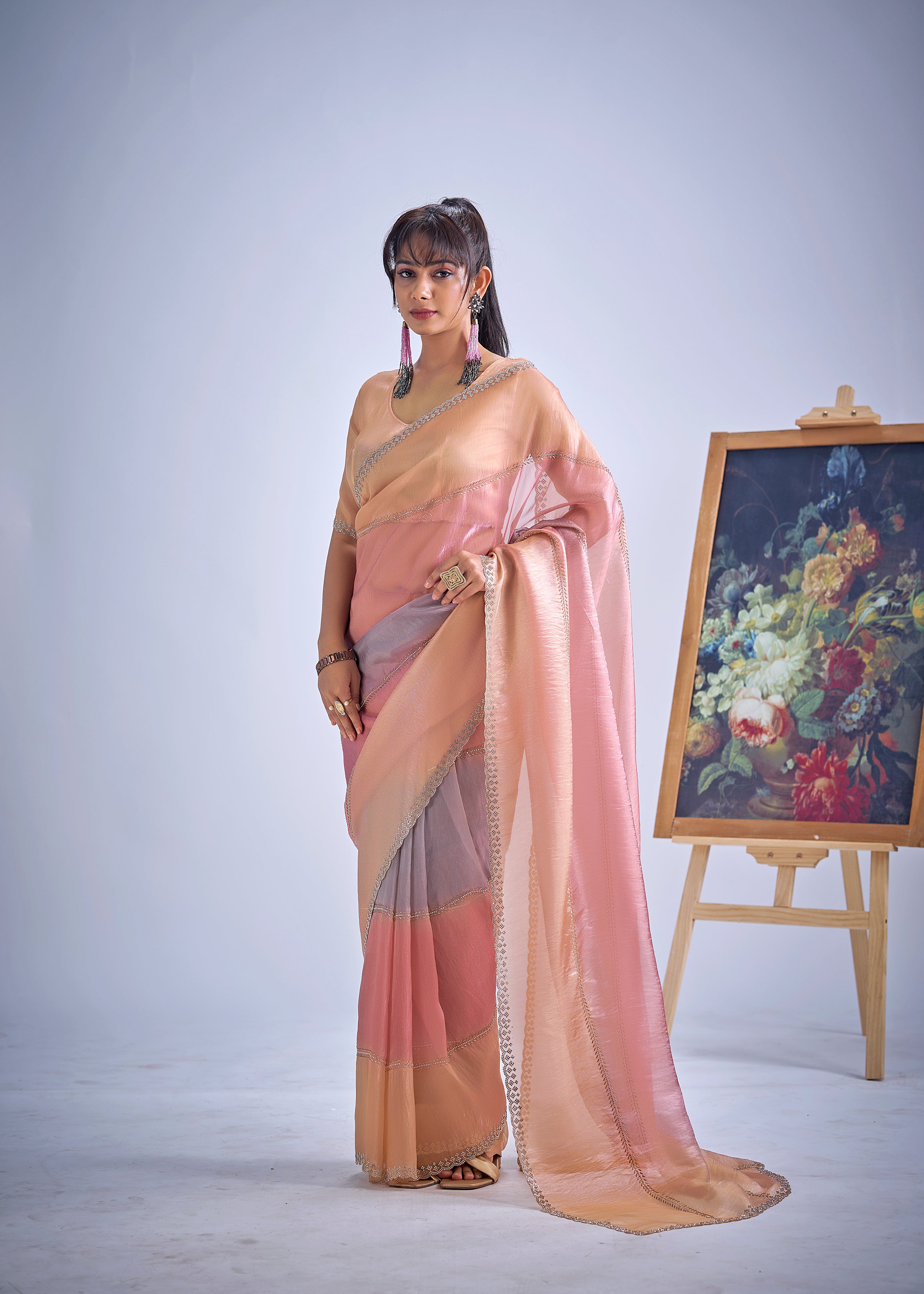 Peachy Pink Embellished Premium Silk Saree