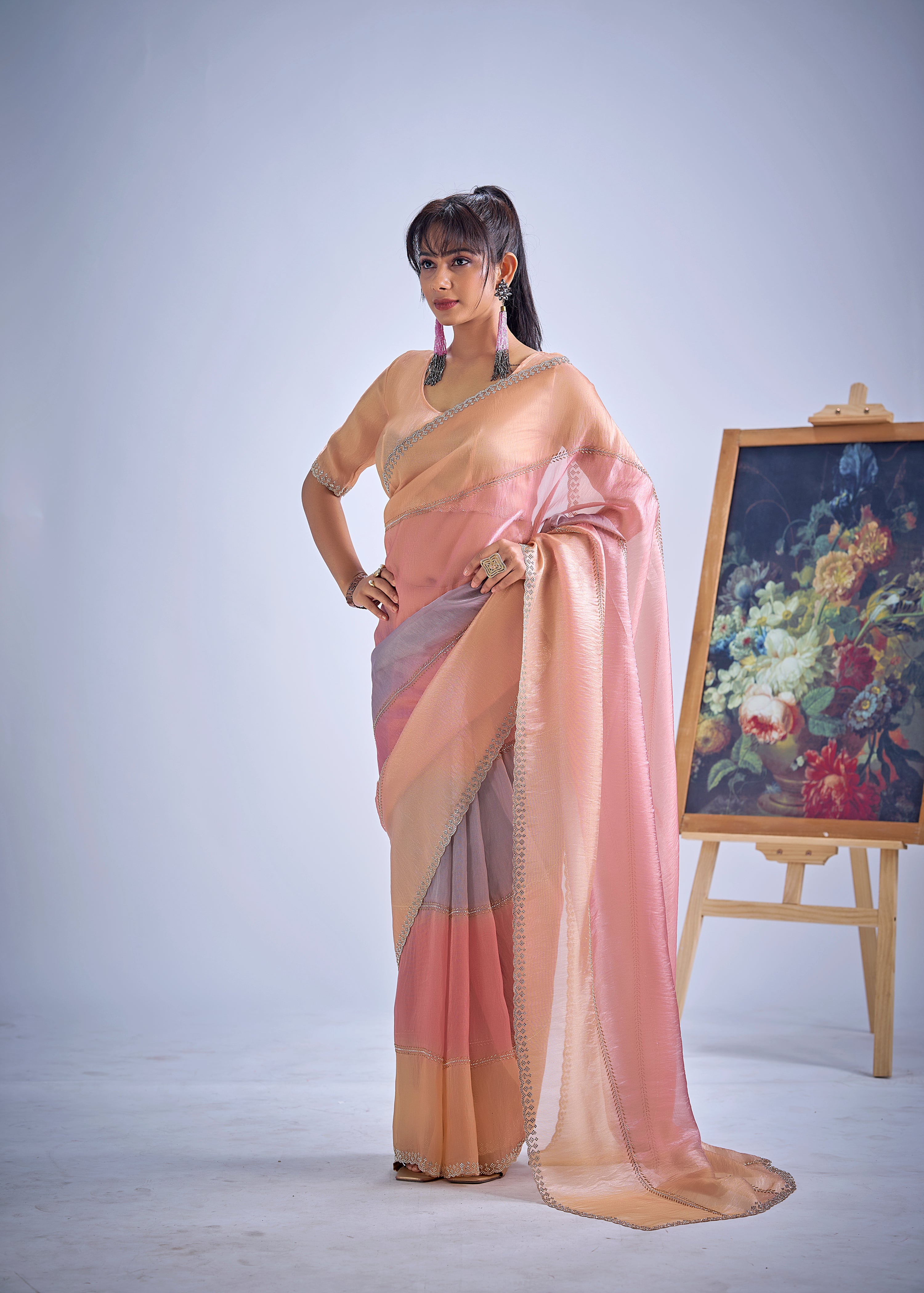 Peachy Pink Embellished Premium Silk Saree
