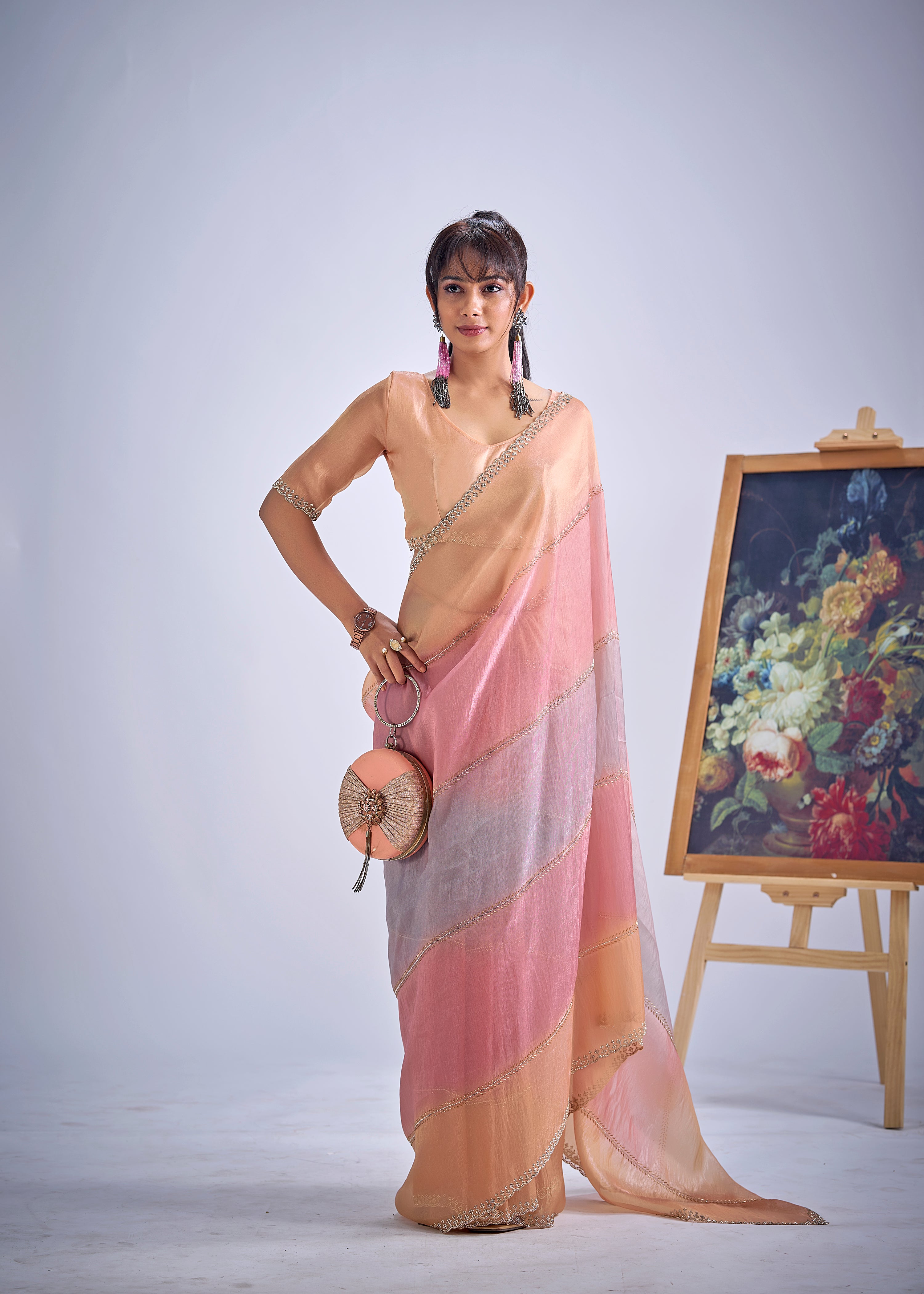 Peachy Pink Embellished Premium Silk Saree