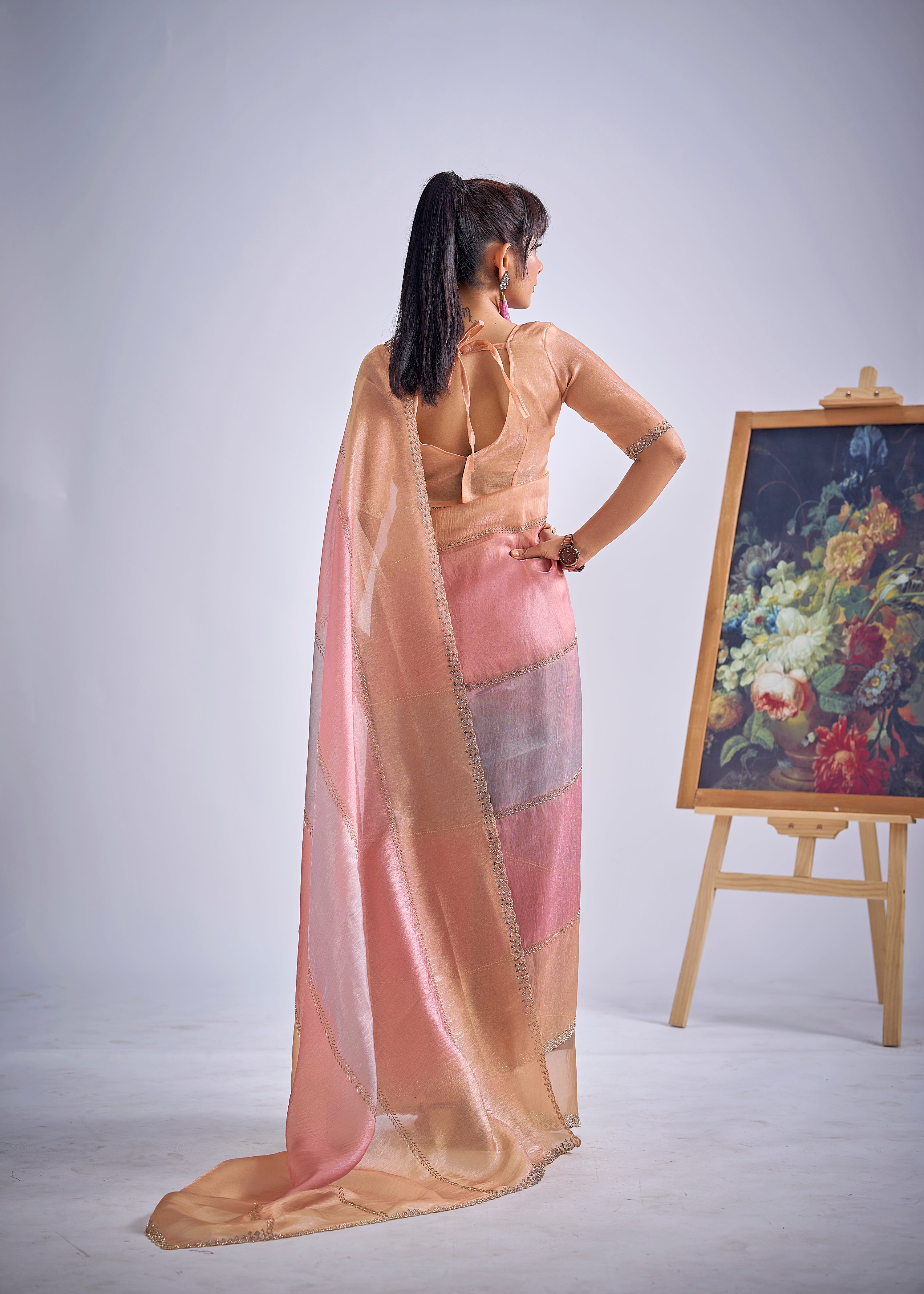 Peachy Pink Embellished Premium Silk Saree