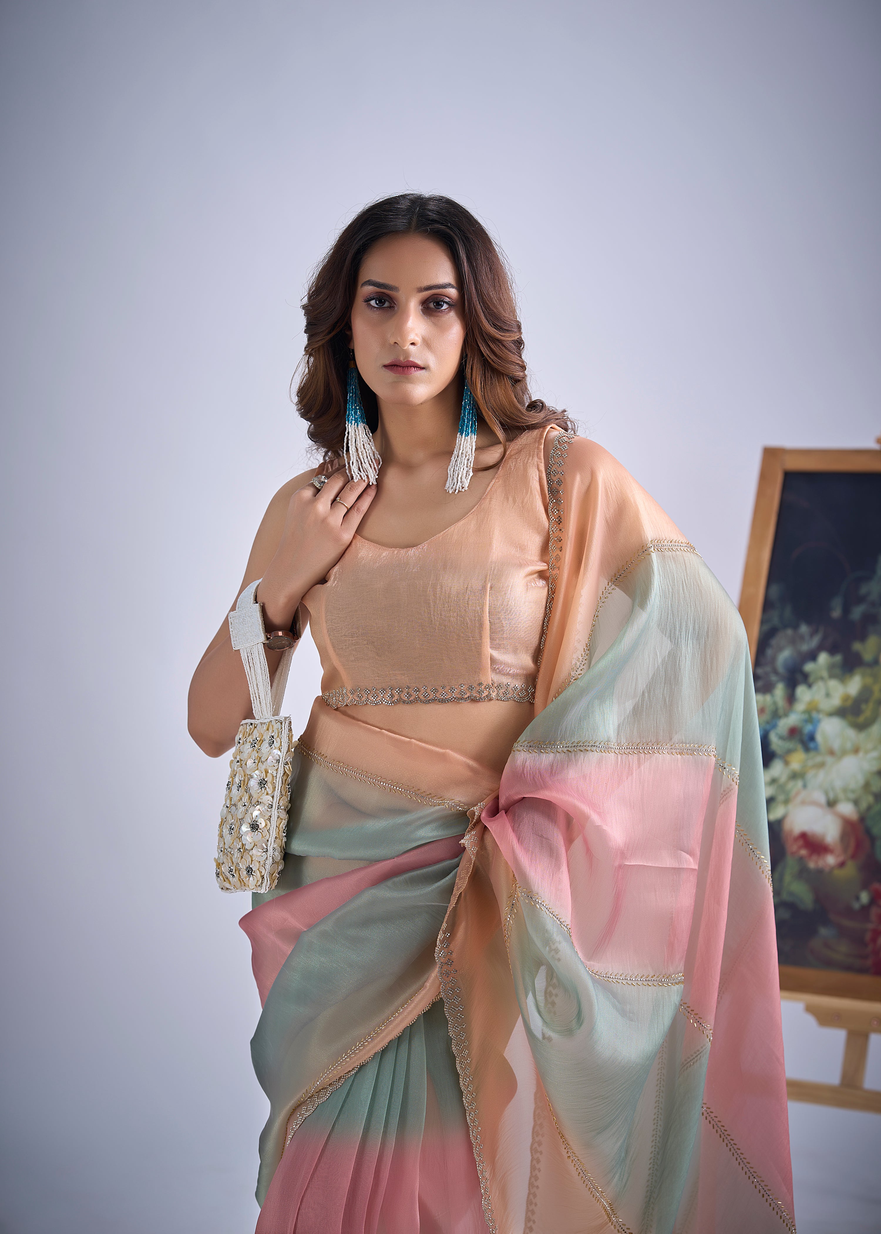 Peachy Sage Embellished Premium Silk Saree