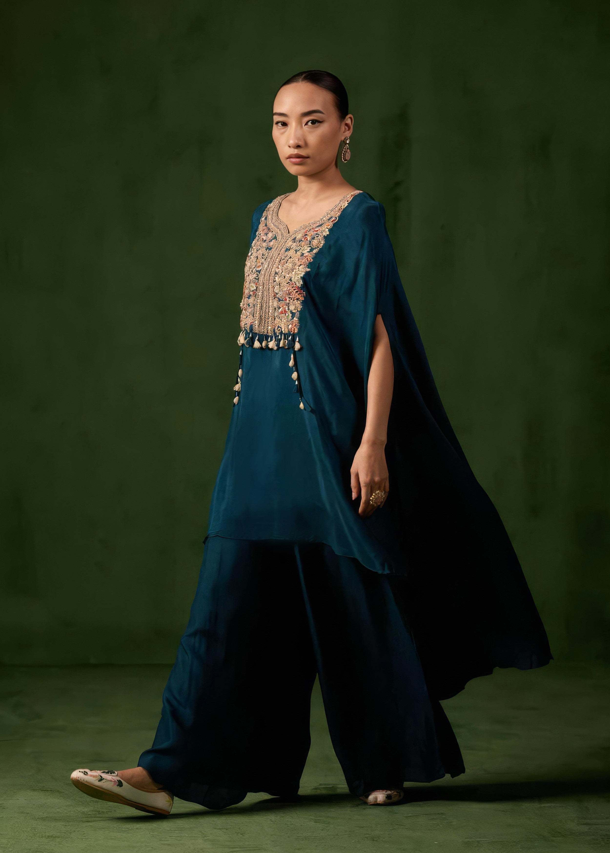Teal Blue Embellished Raw Silk Palazzo Set