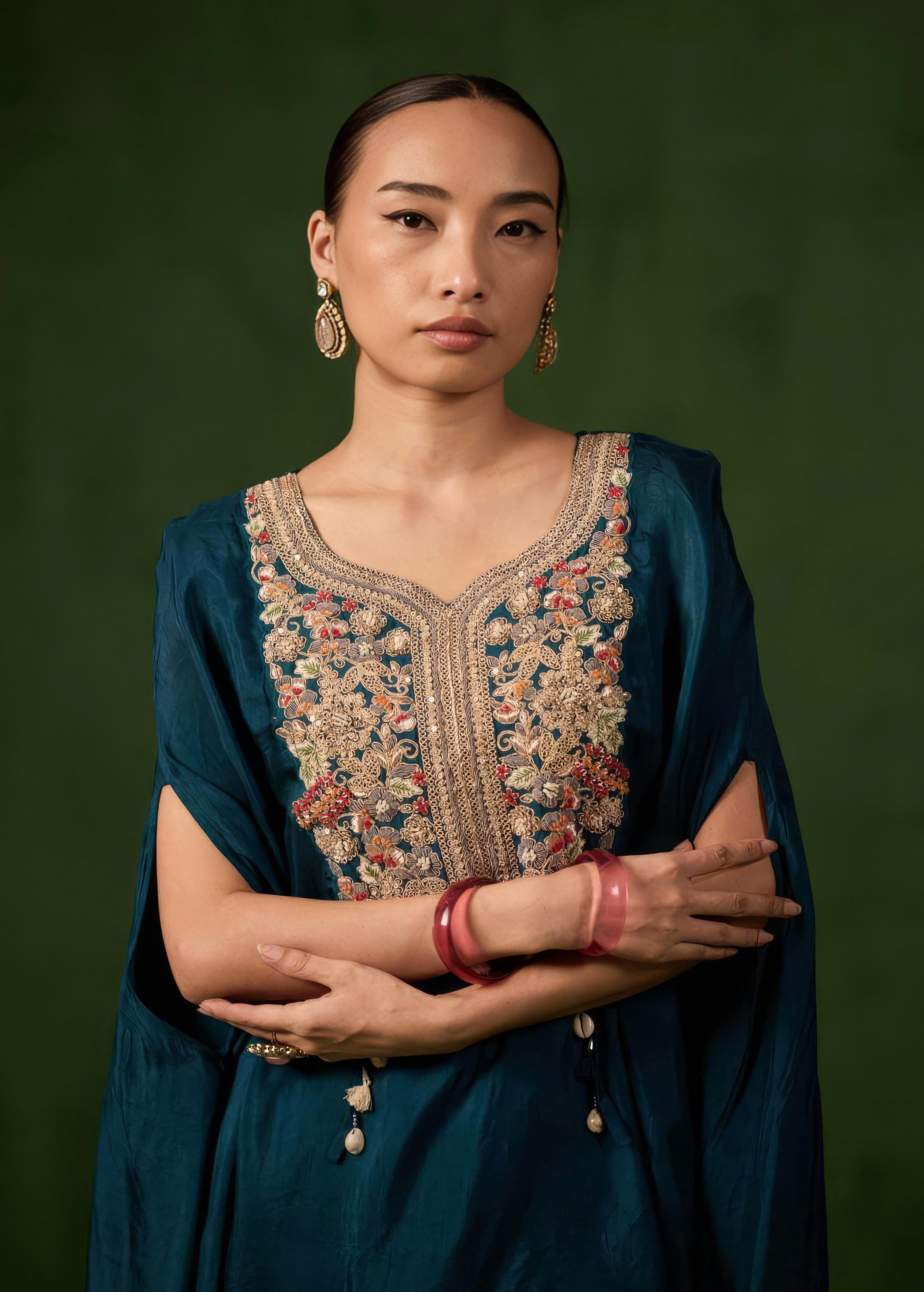 Teal Blue Embellished Raw Silk Palazzo Set