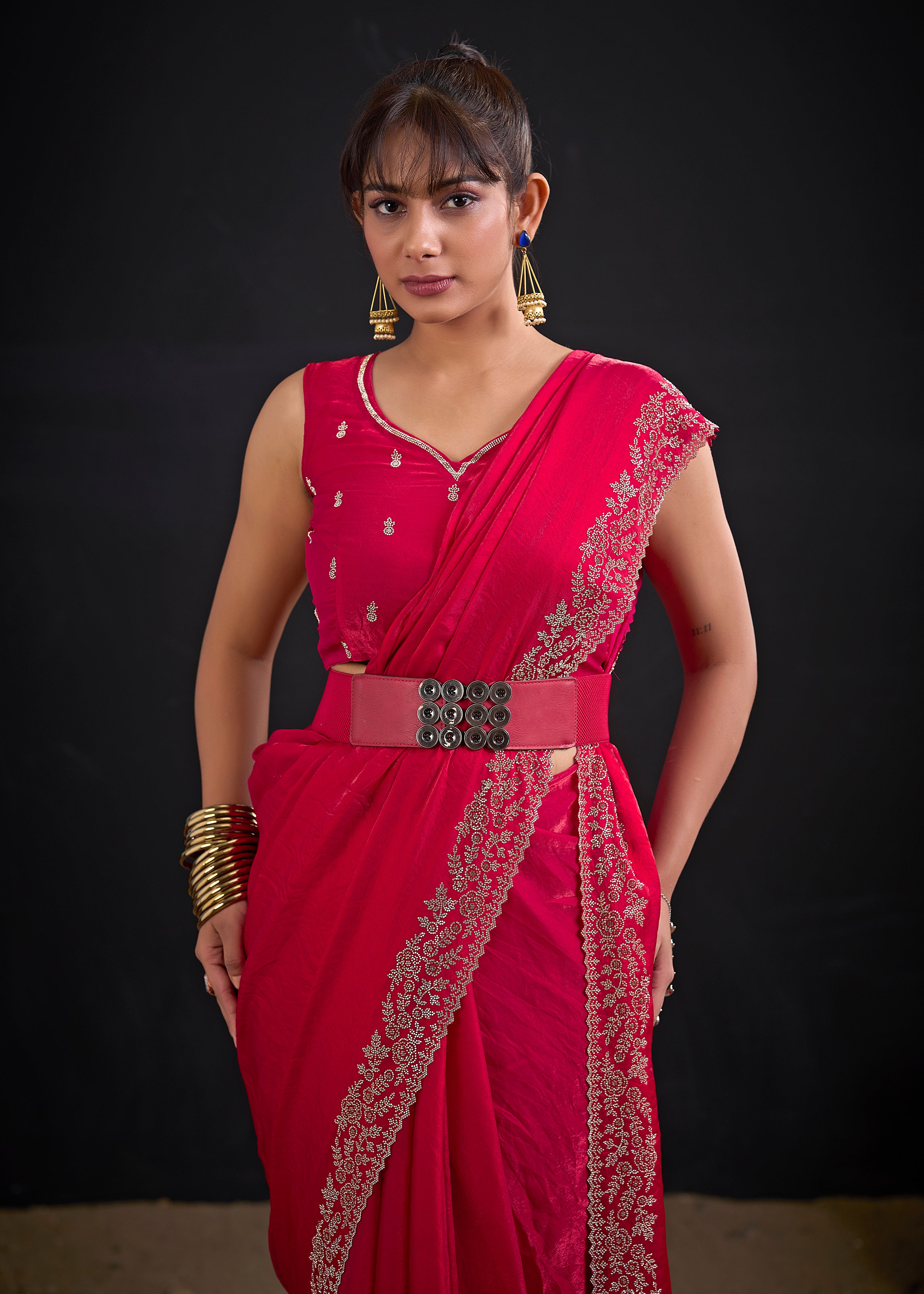 Pink Flora Embellished Satin Silk Saree