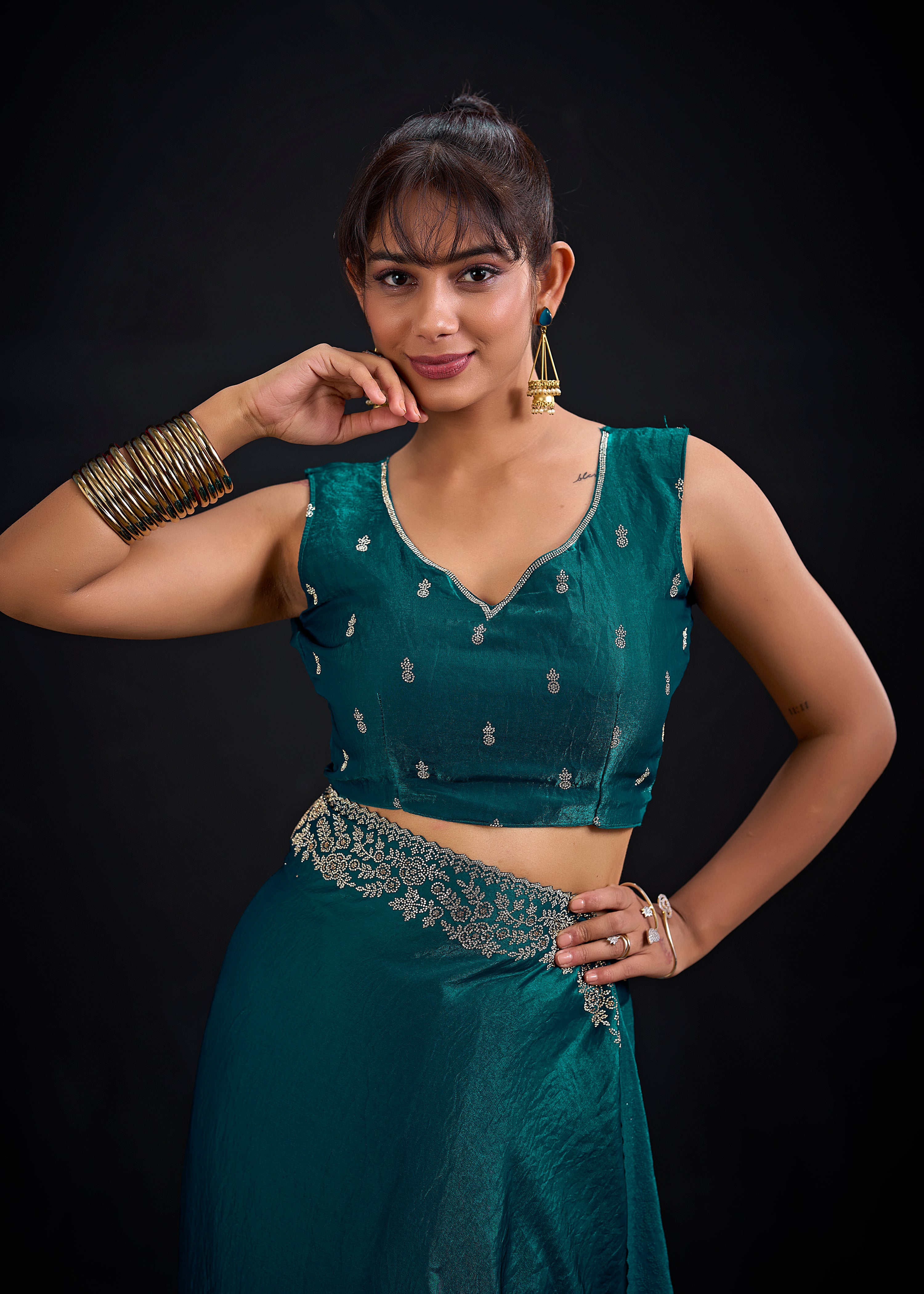 Peacock Teal Embellished Satin Silk Saree