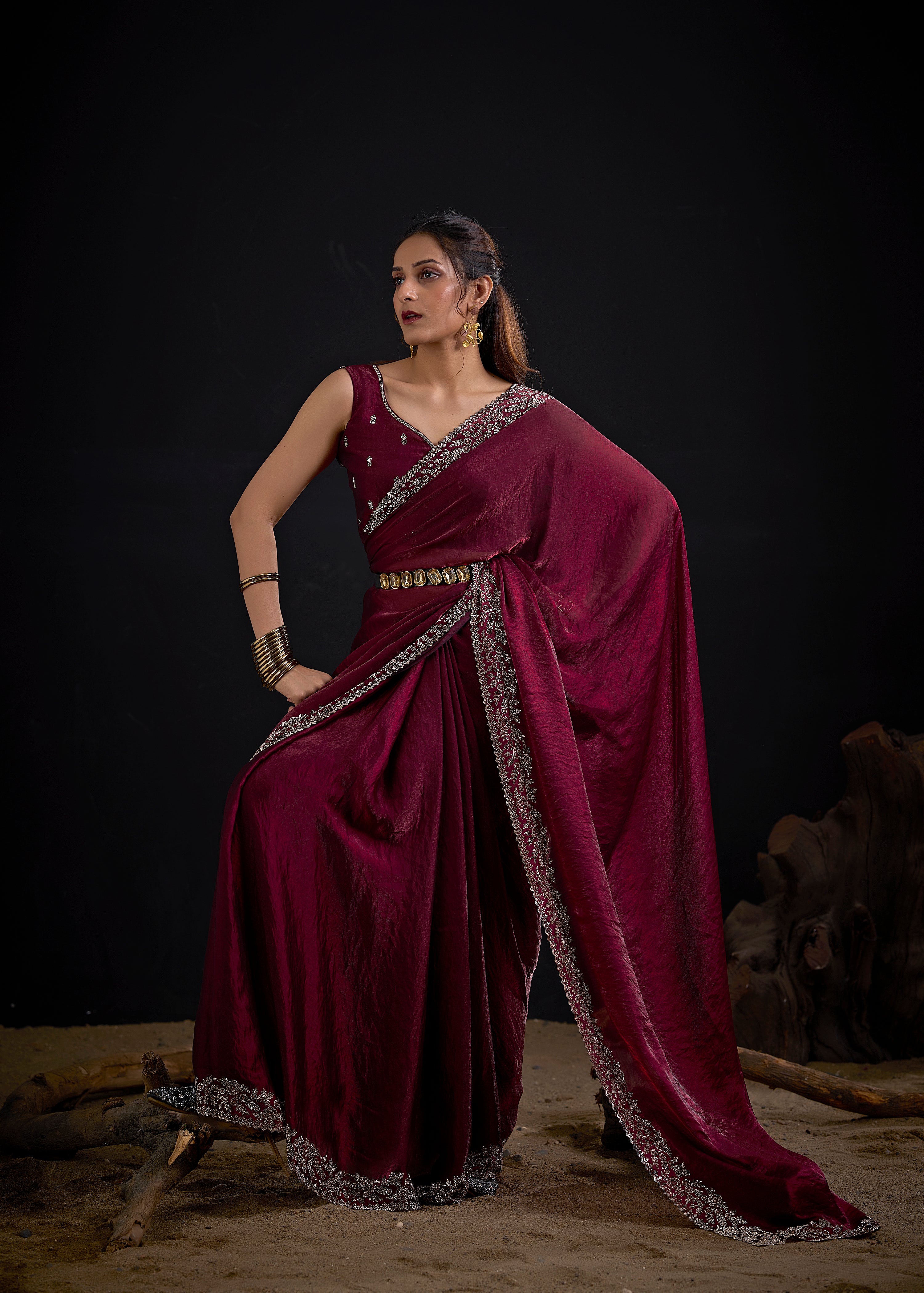 Deep Plum Embellished Satin Silk Saree