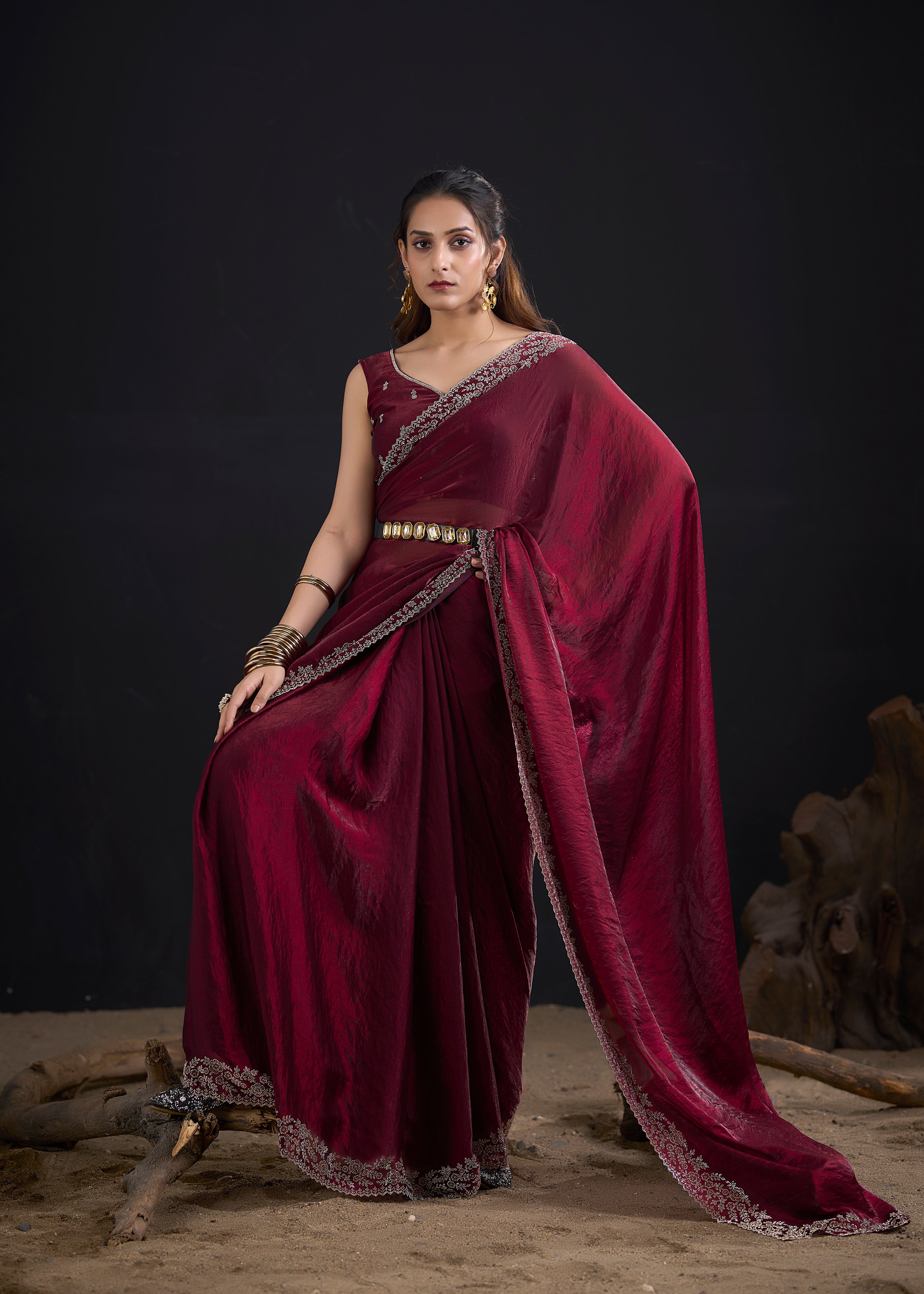 Deep Plum Embellished Satin Silk Saree