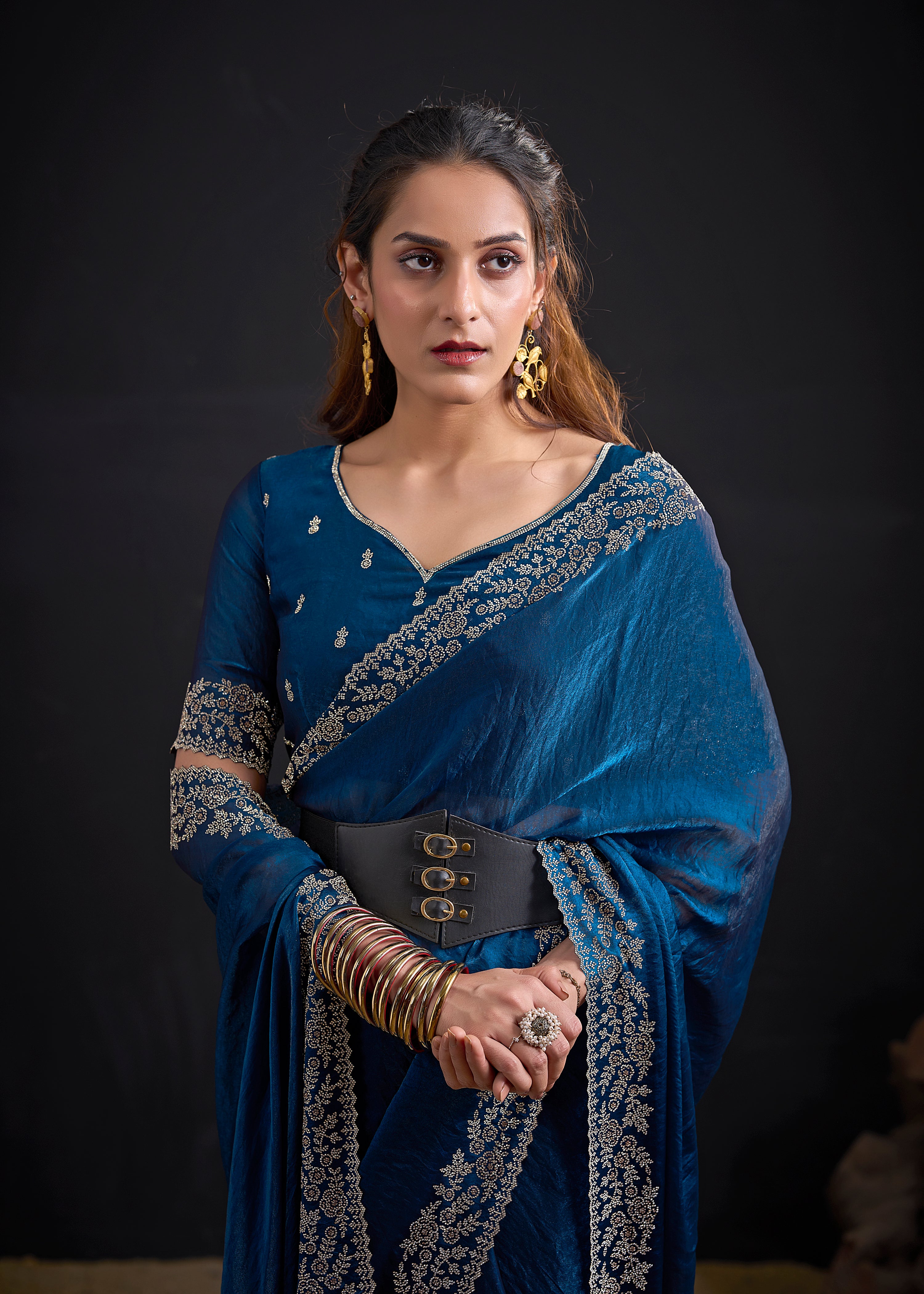 Prussian Blue Embellished Satin Silk Saree