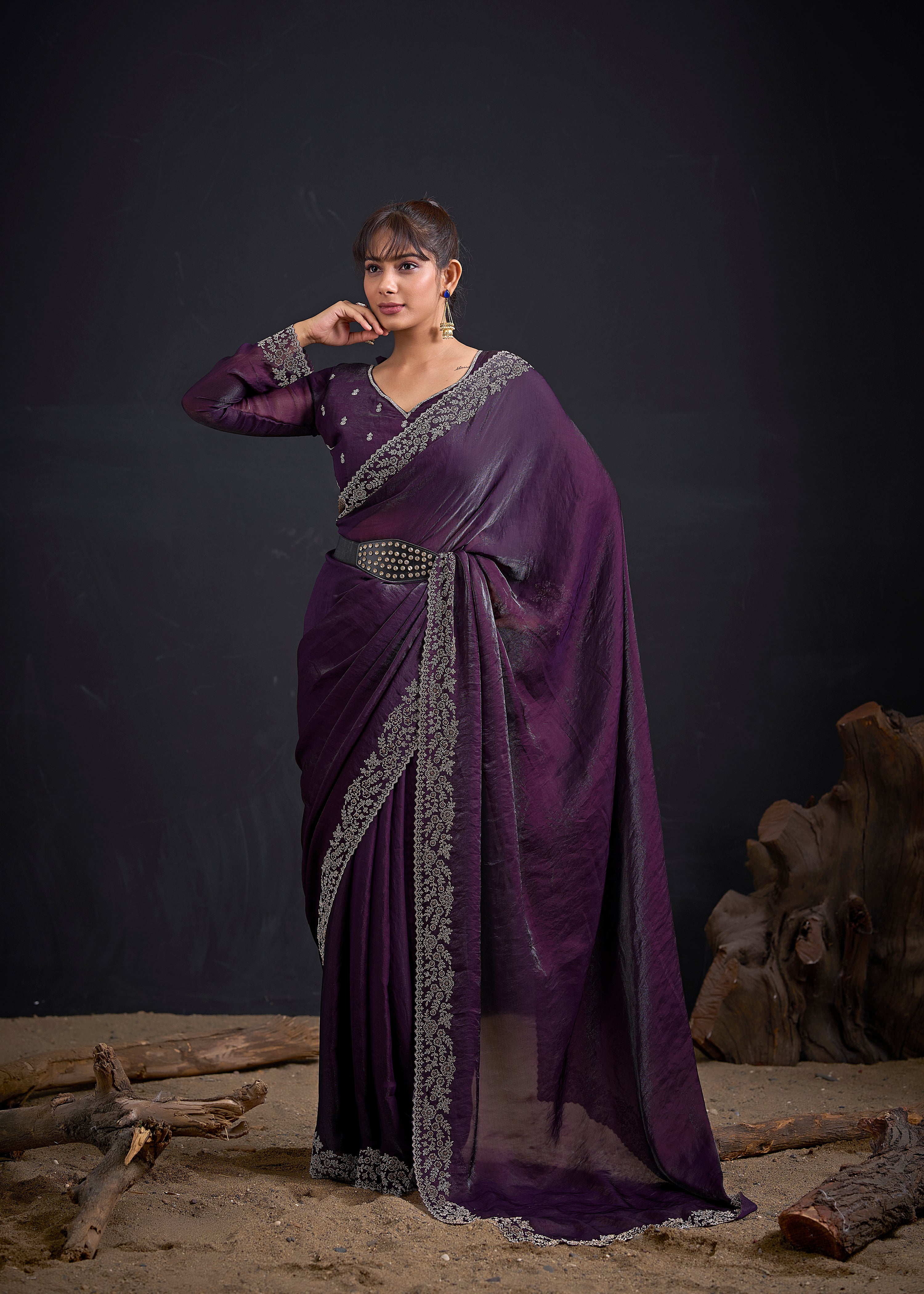 Regal Purple Embellished Satin Silk Saree