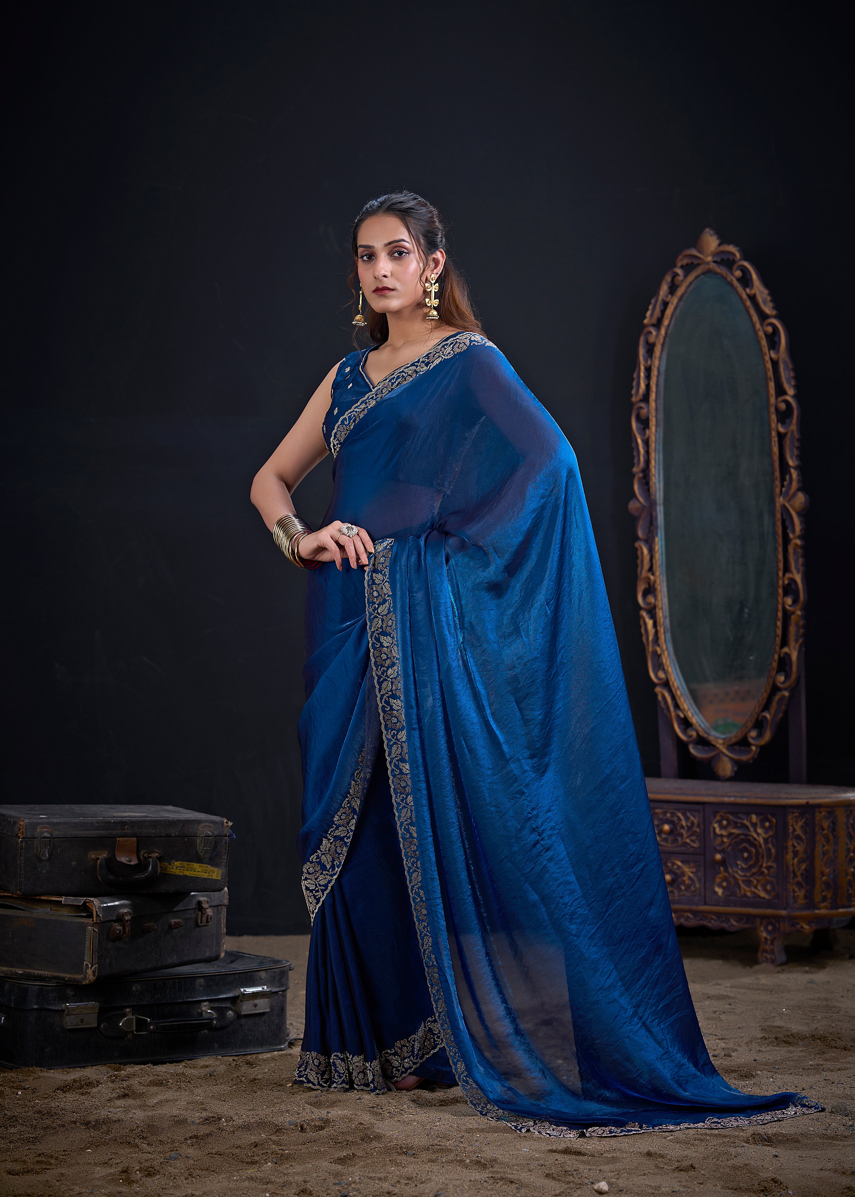 Royal Blue Embellished Satin Silk Saree