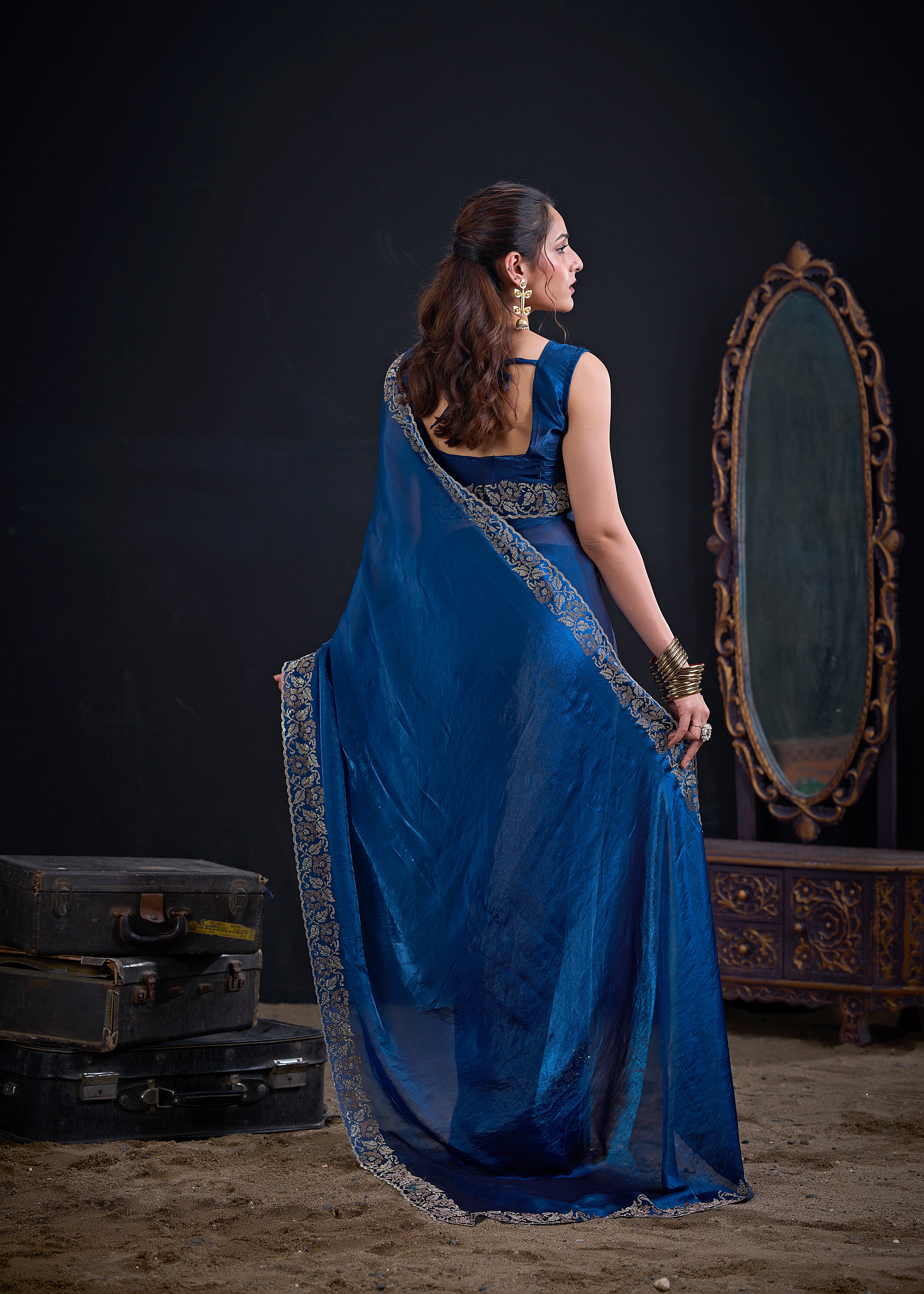 Royal Blue Embellished Satin Silk Saree