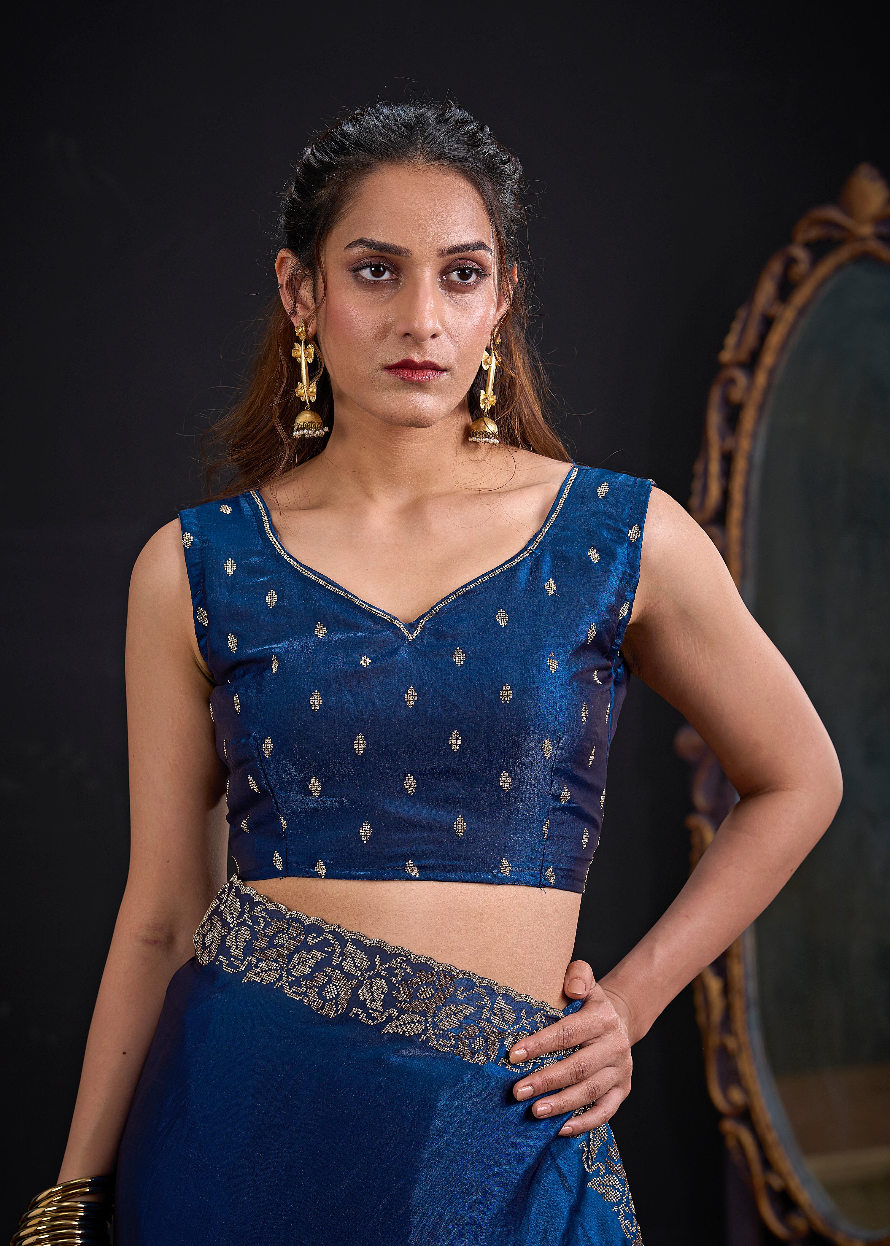 Royal Blue Embellished Satin Silk Saree