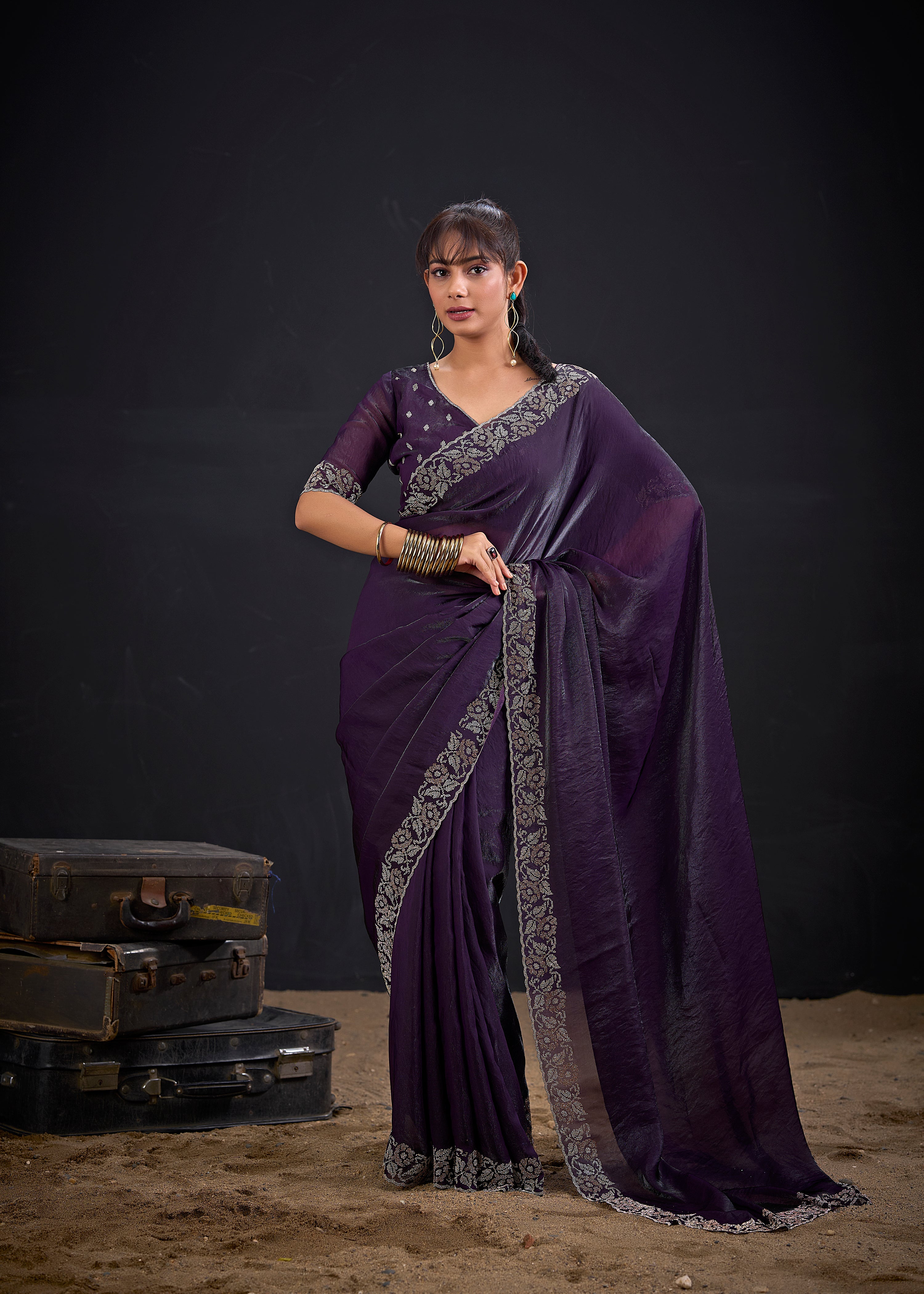 Purple Royale Embellished Satin Silk Saree