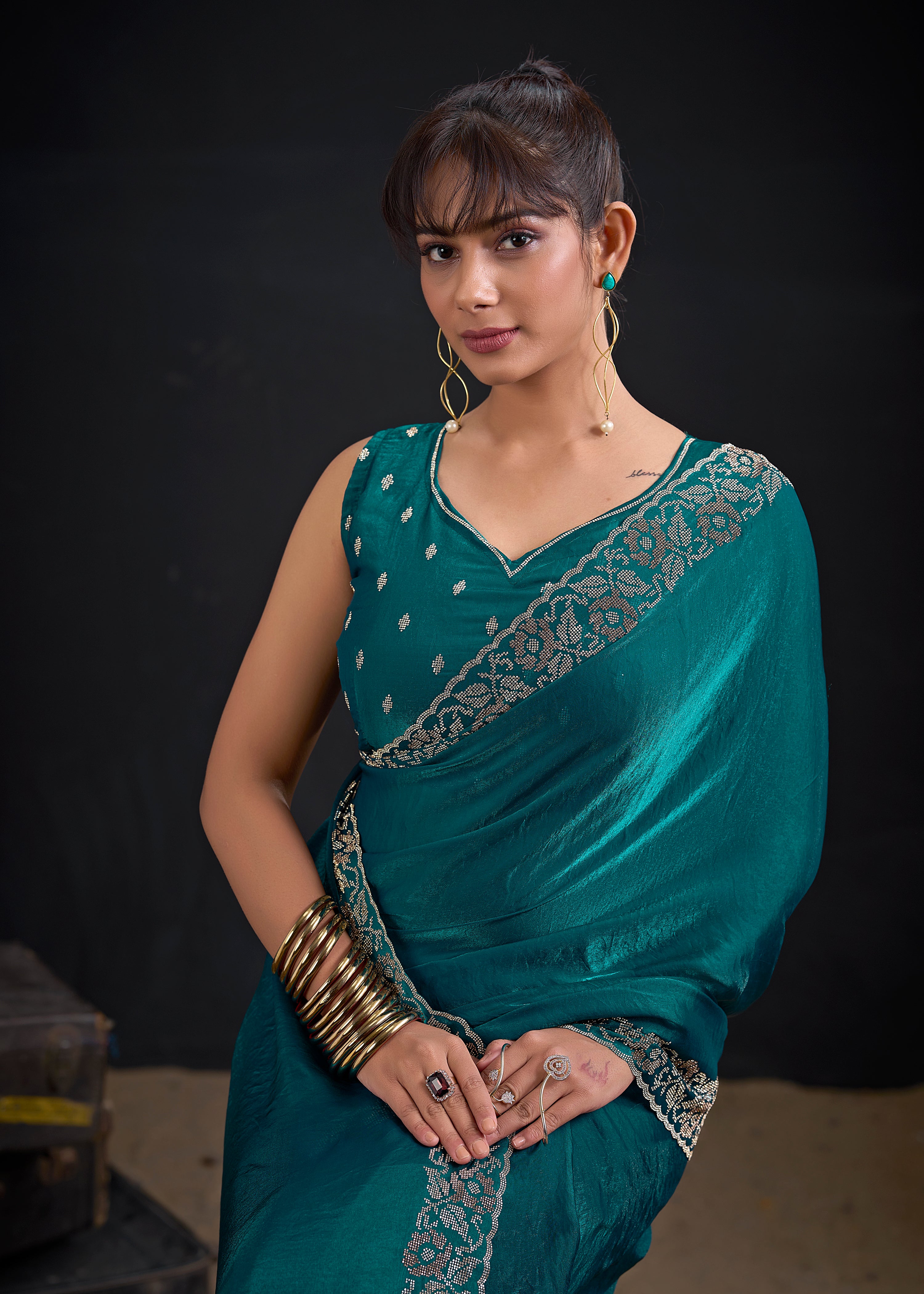 Opulent Blue Embellished Satin Silk Saree