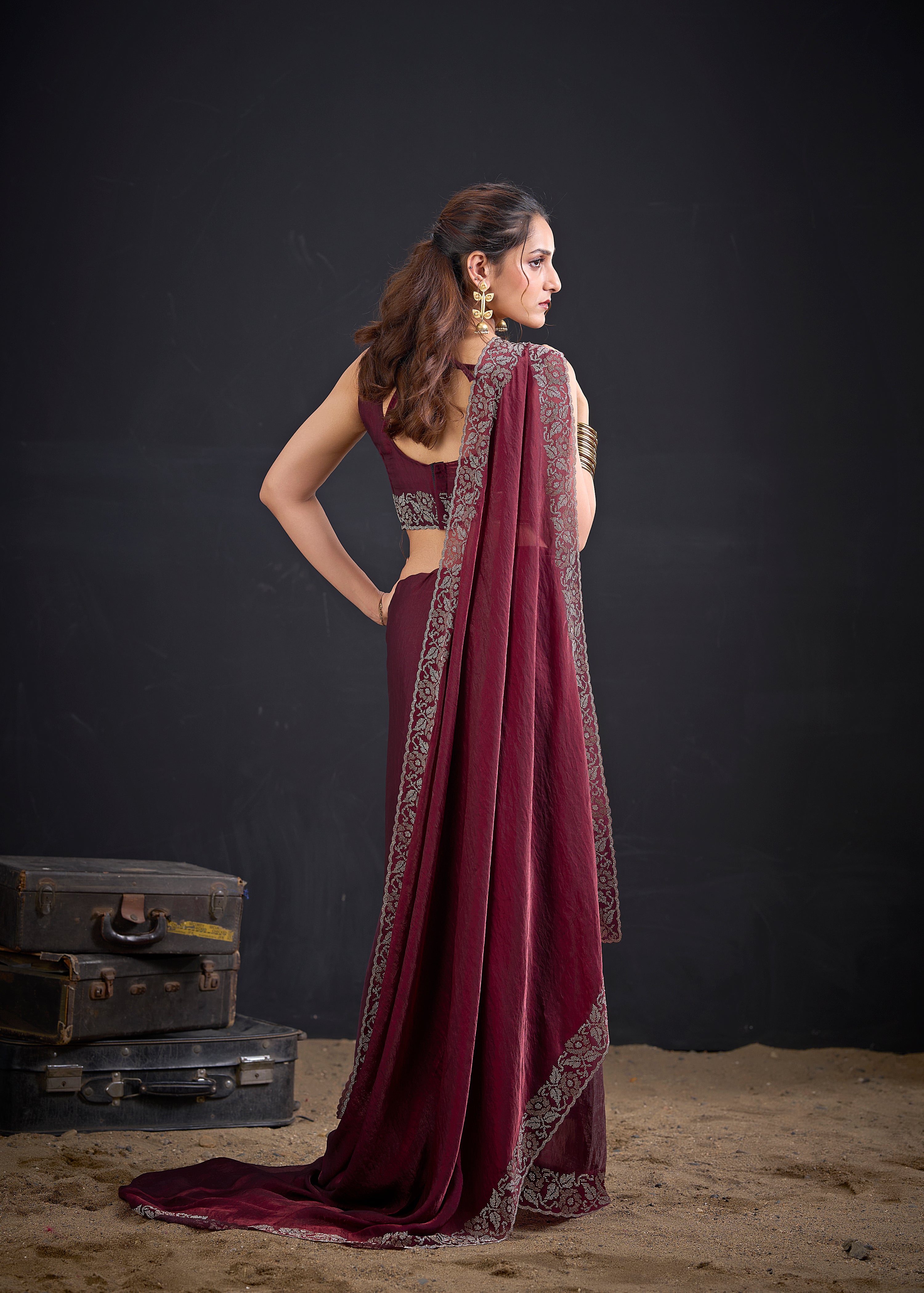 Burgundy Embellished Satin Silk Saree