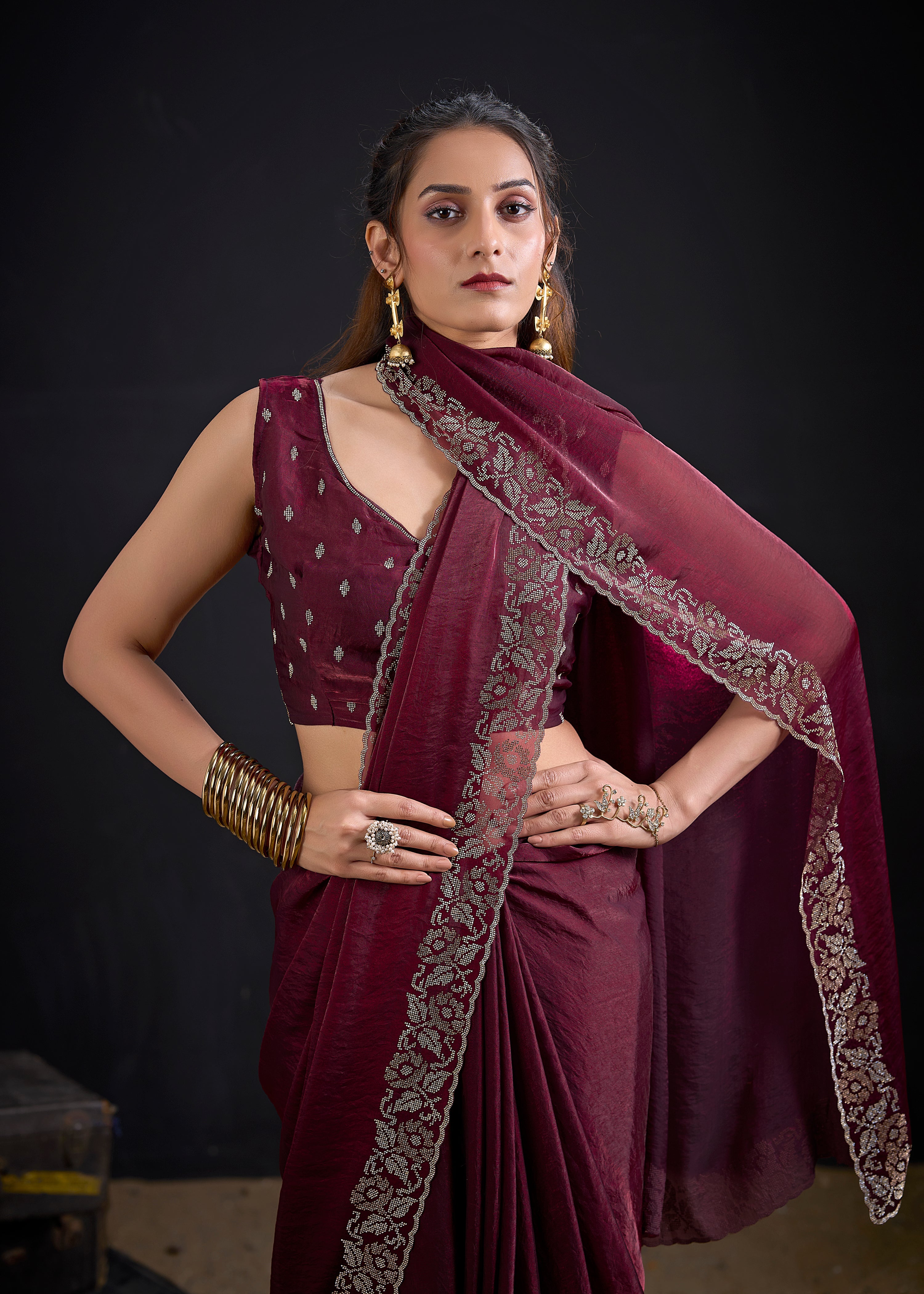 Burgundy Embellished Satin Silk Saree