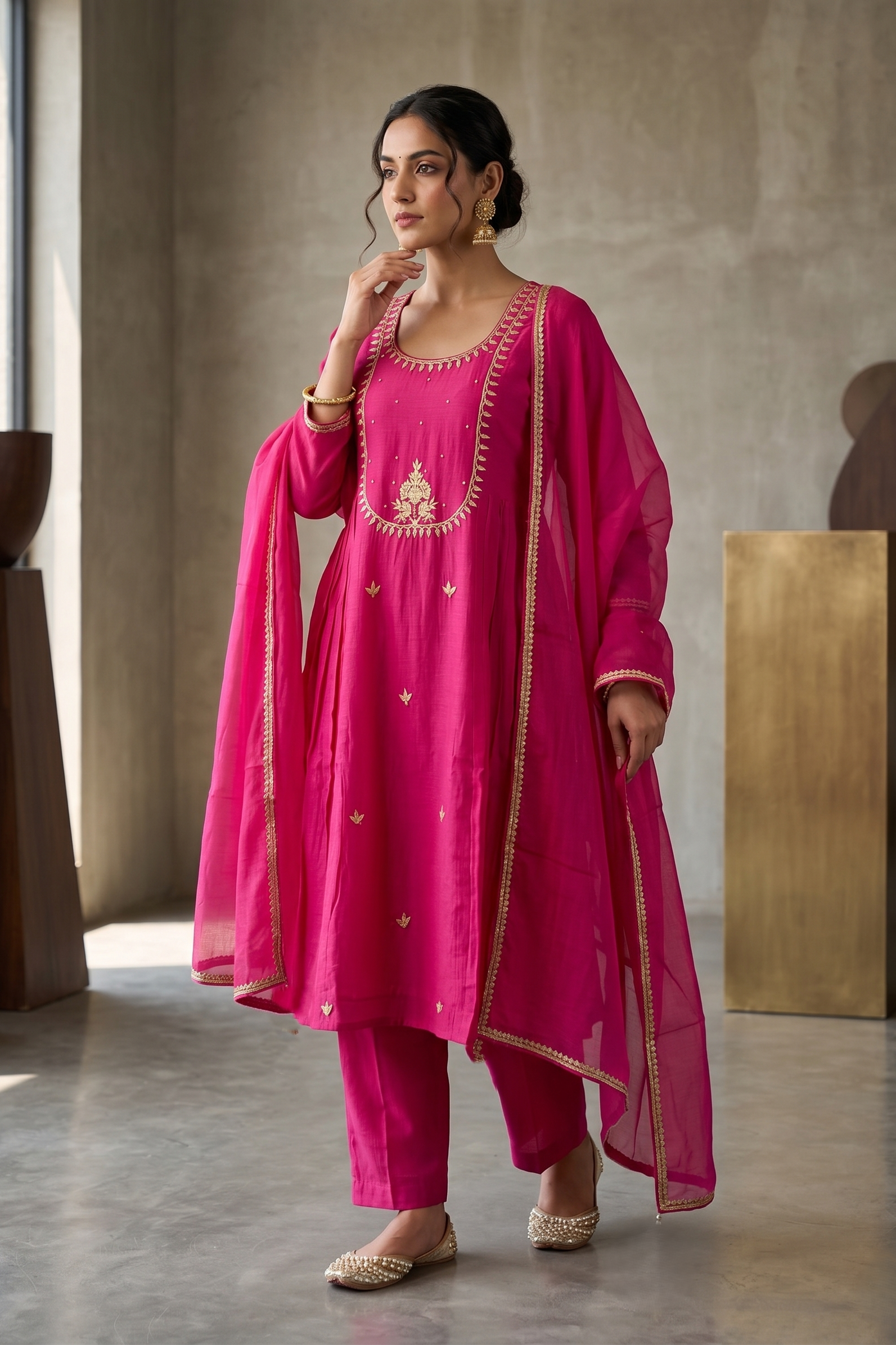Bright Pink Embroidered Suit Set