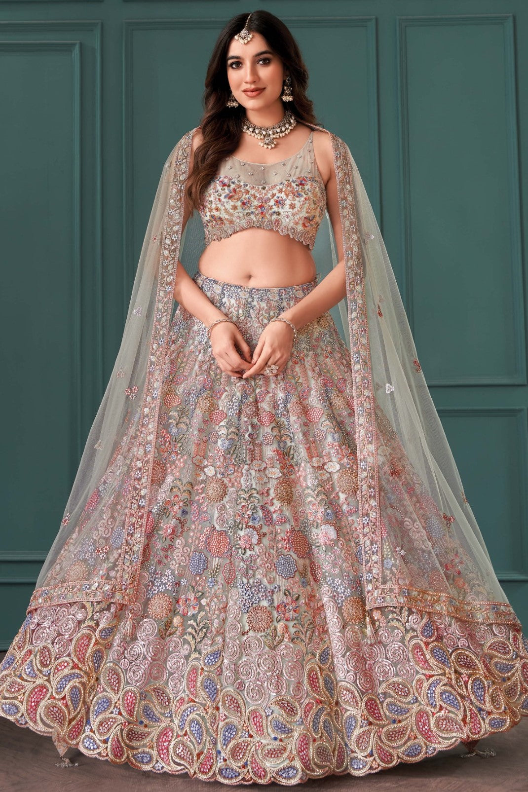 Enduring Grey Embellished Premium Silk Lehenga Set