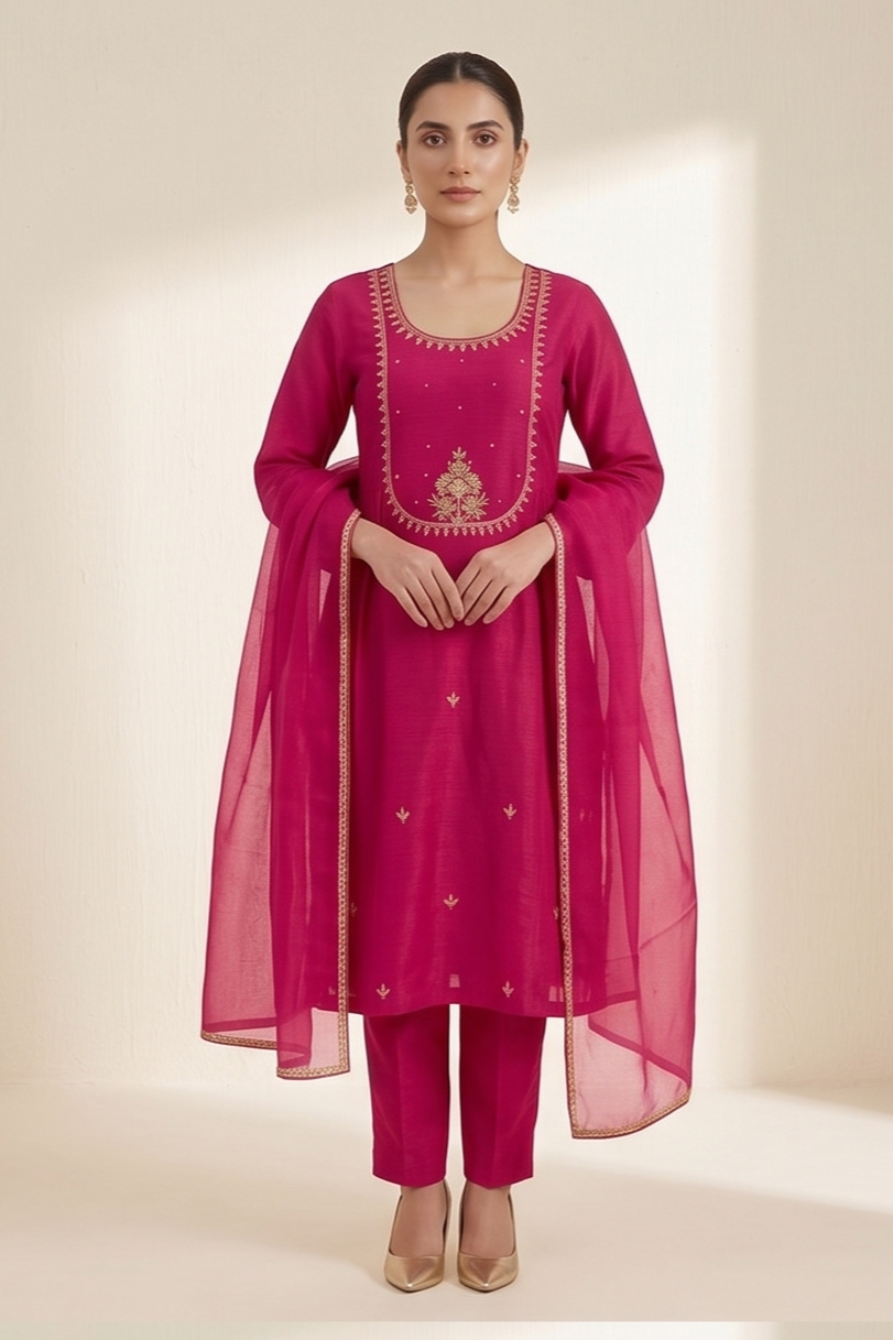 Bright Pink Embroidered Suit Set