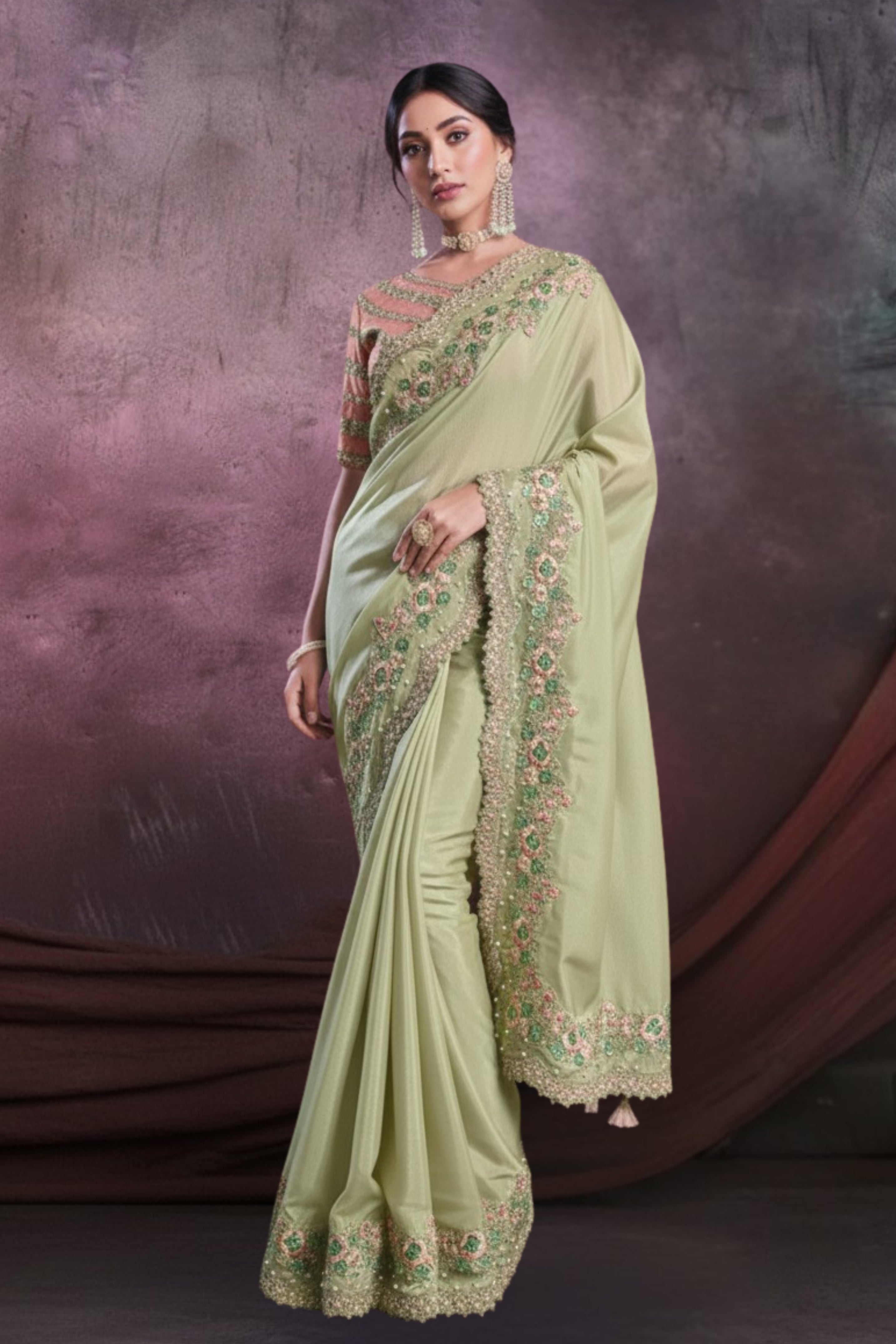 Sage Green Embroidered Shimmer Georgette Silk Saree