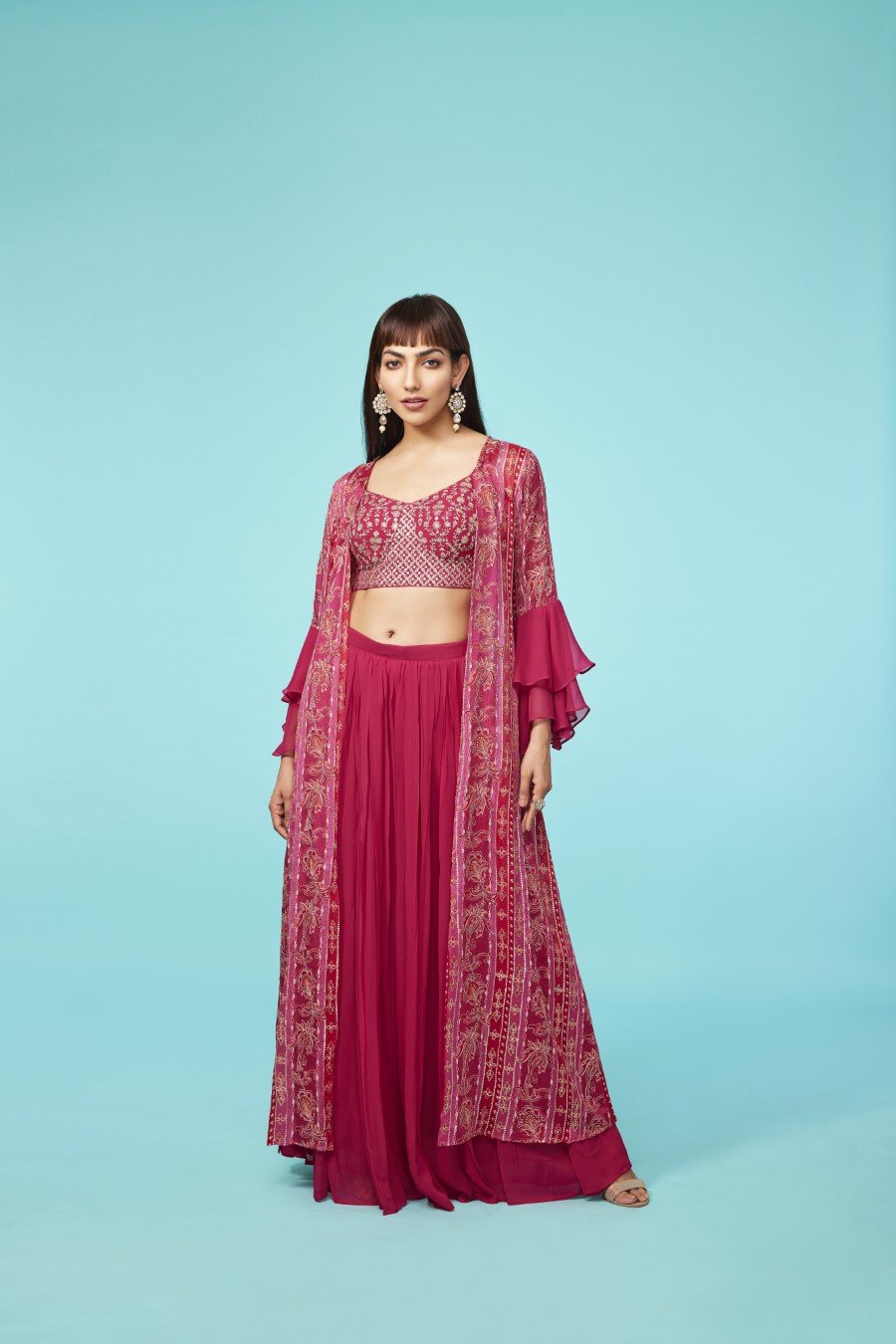 Ruby Pink Embellished Cape Set with Palazzo