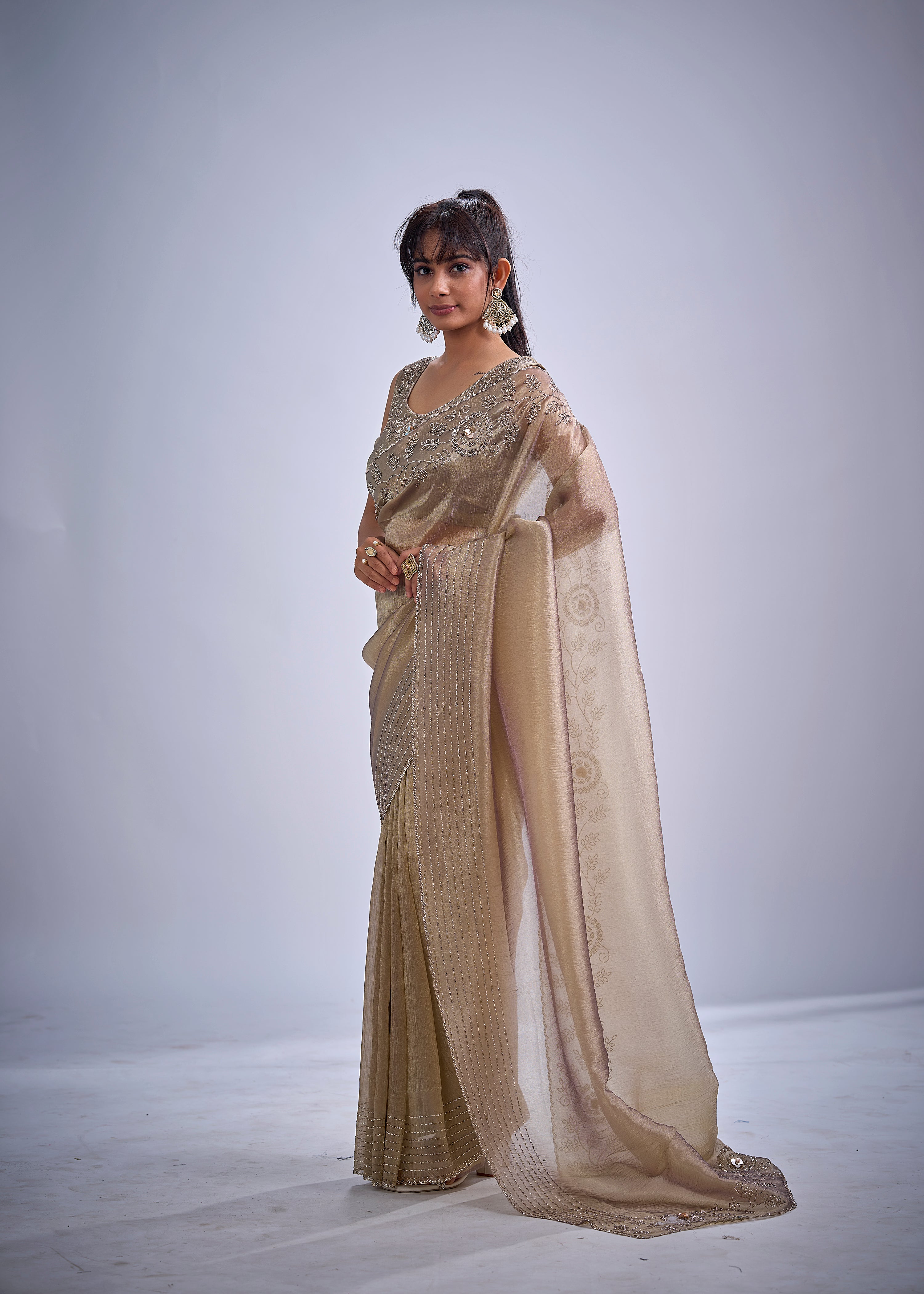 Metallic Gold Embellished Tissue Silk Saree