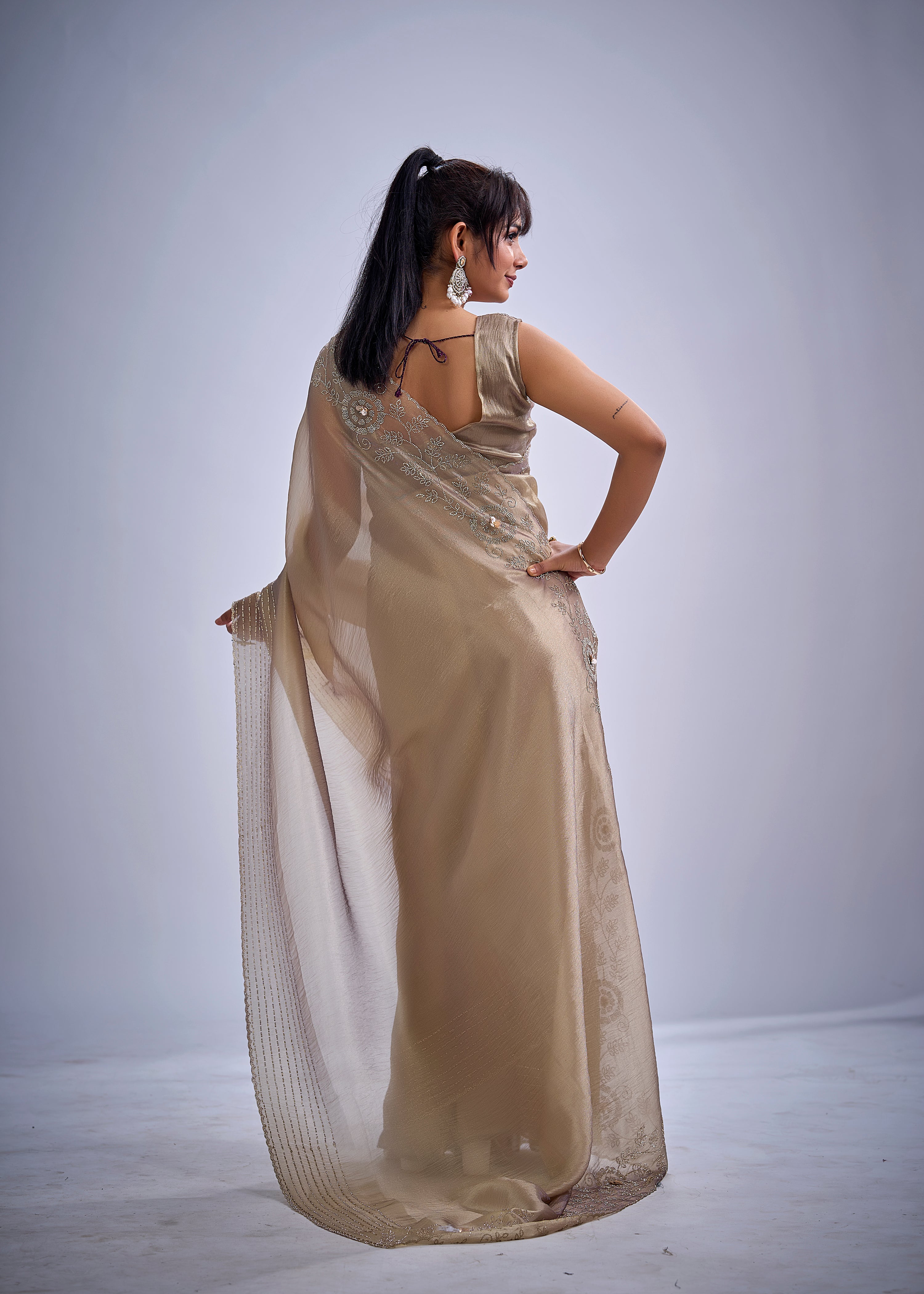 Metallic Gold Embellished Tissue Silk Saree