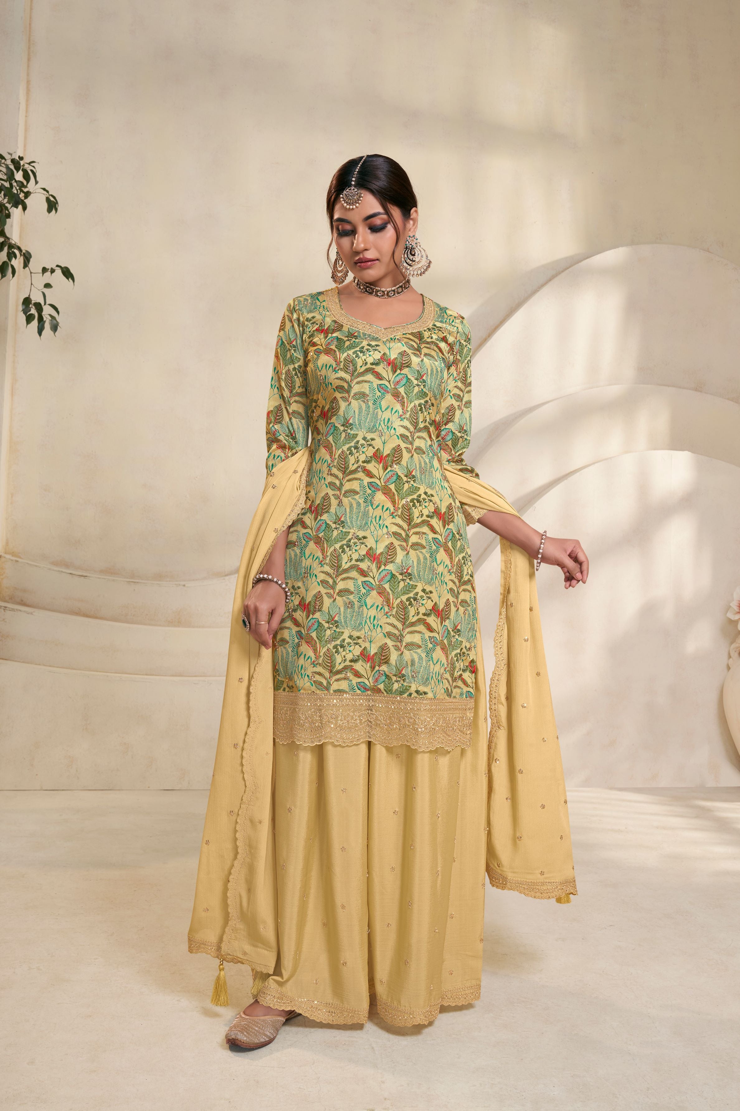 Light Yellow Floral Printed Premium Silk Palazzo Set