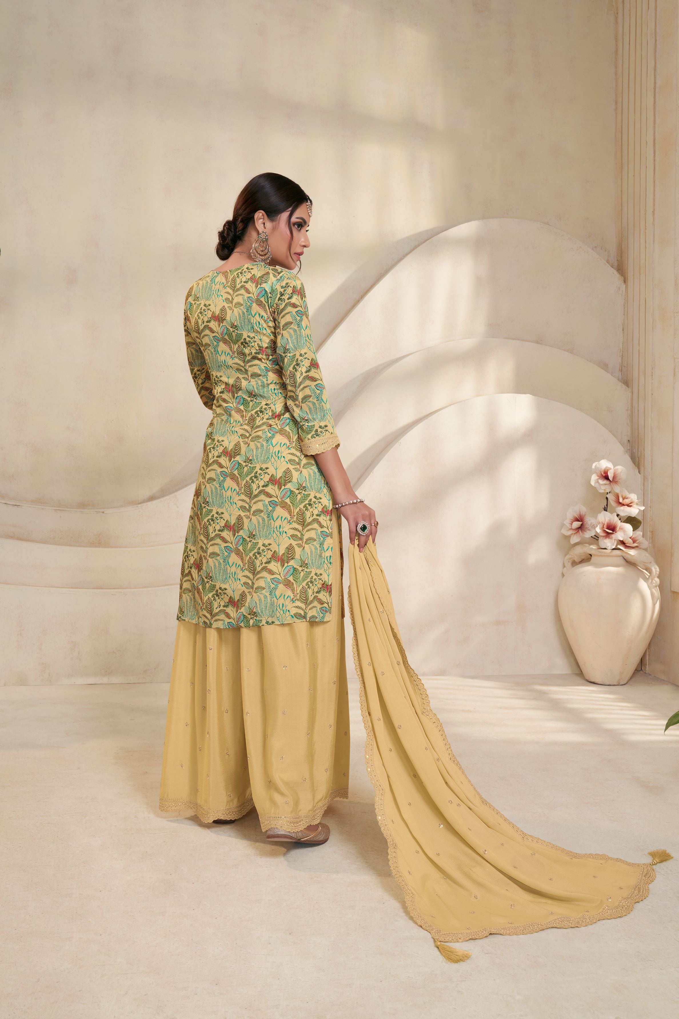 Light Yellow Floral Printed Premium Silk Palazzo Set