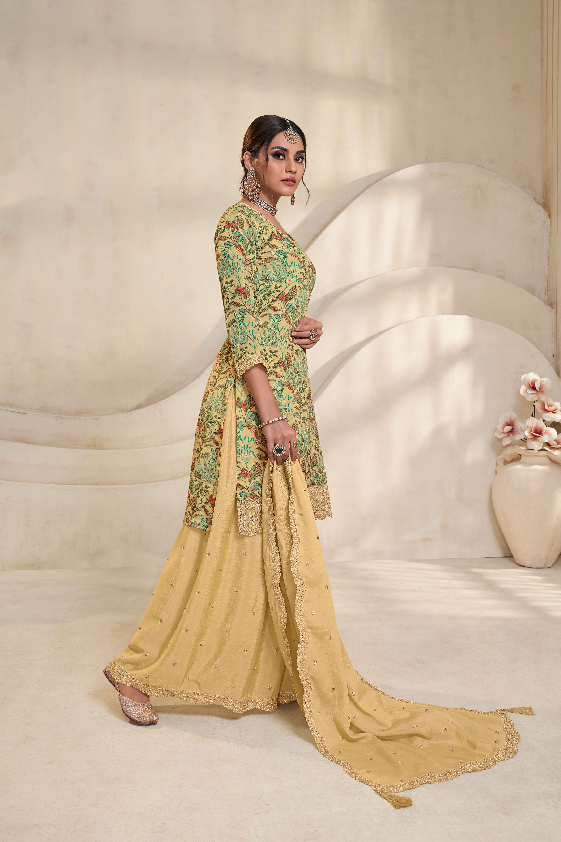 Light Yellow Floral Printed Premium Silk Palazzo Set