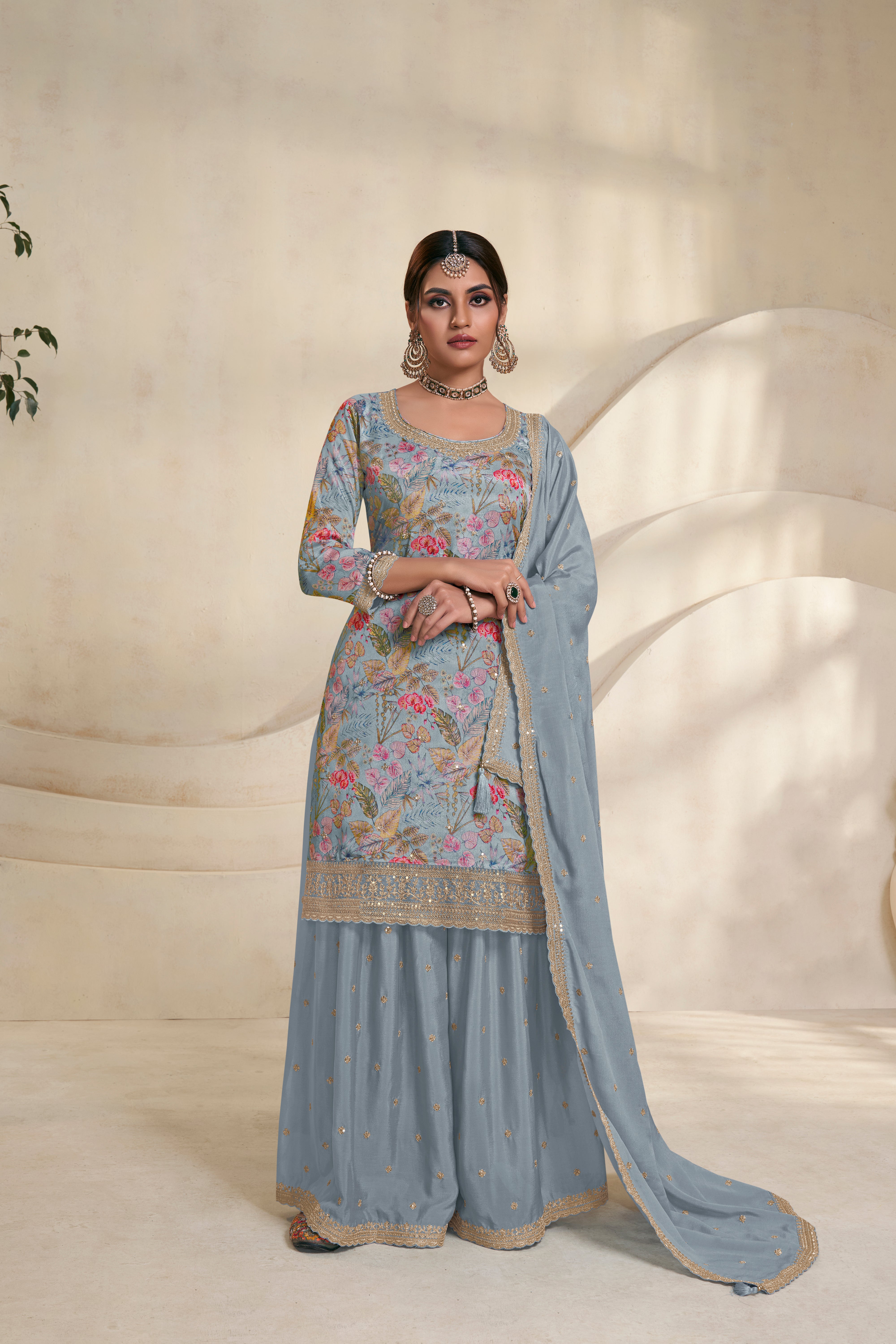 Light Blue Chinon Silk Kurta & Palazzo Set