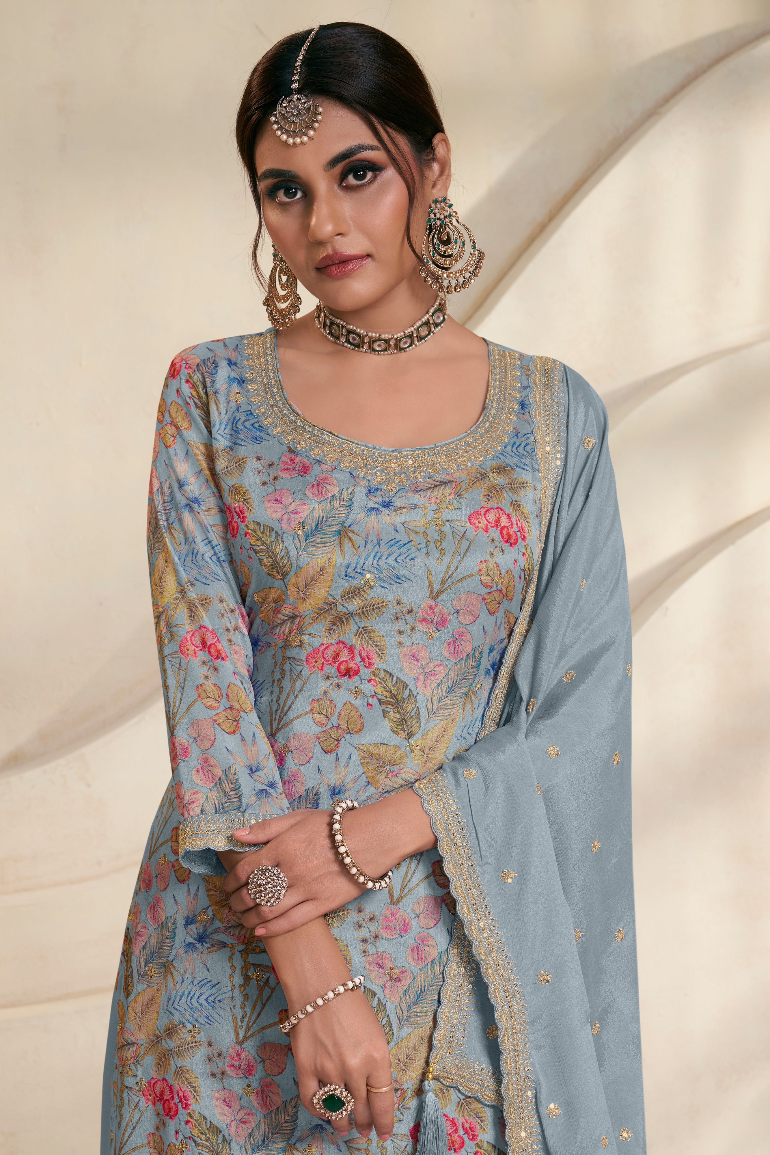 Light Blue Chinon Silk Kurta & Palazzo Set