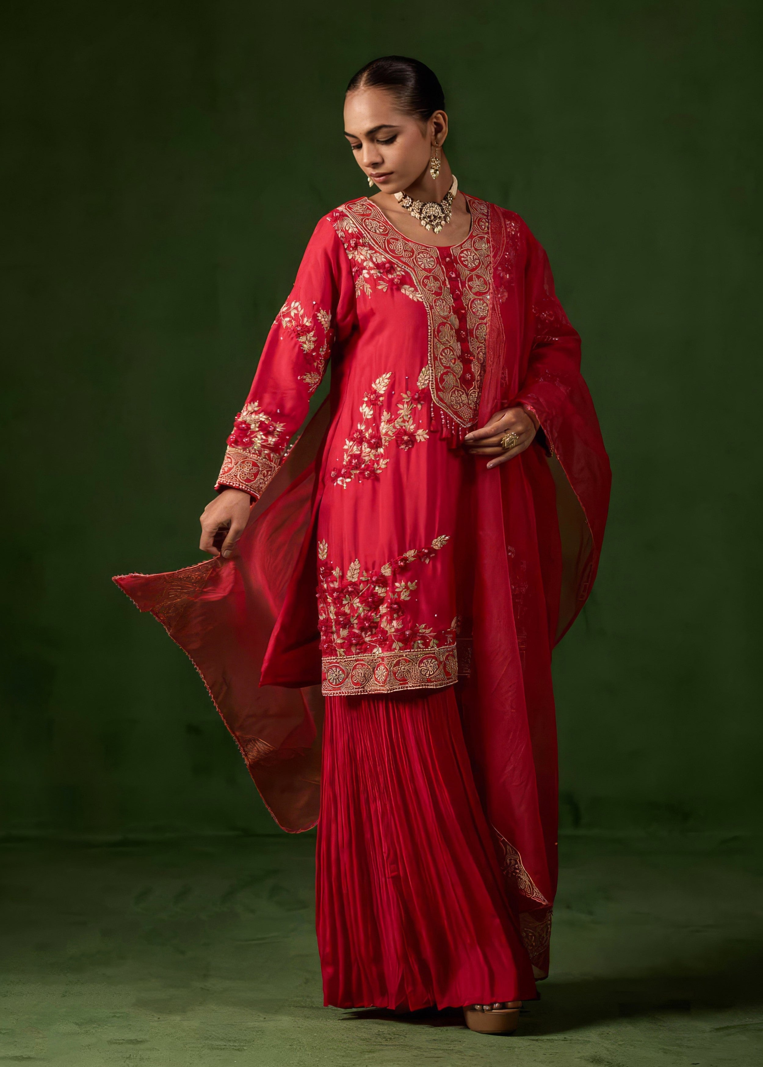 Cherry Red Embellished Raw Silk Sharara Set