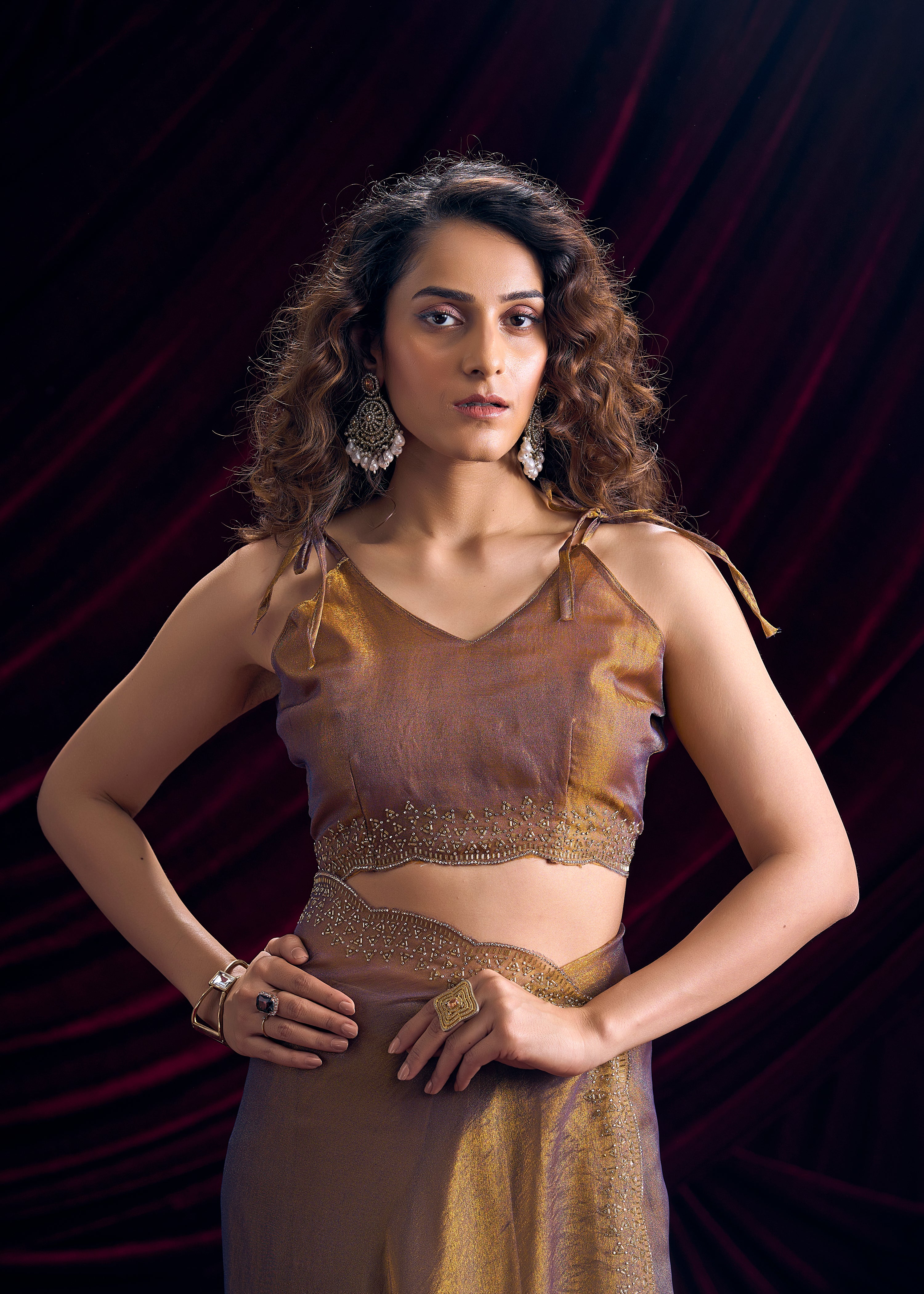 Copper Mauve Embellished Tissue Silk Saree