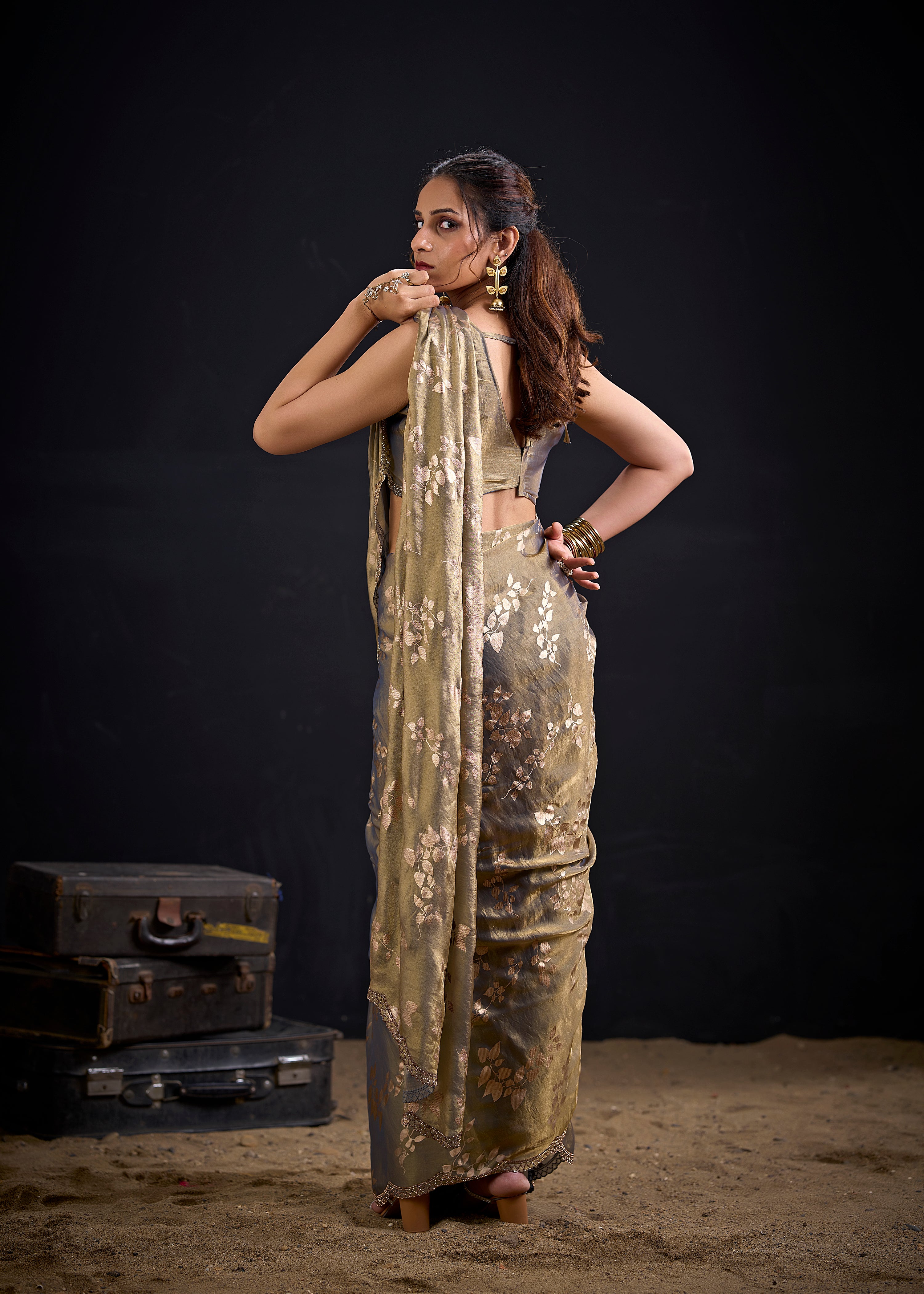 Olive Grey Embellished Satin Silk Saree