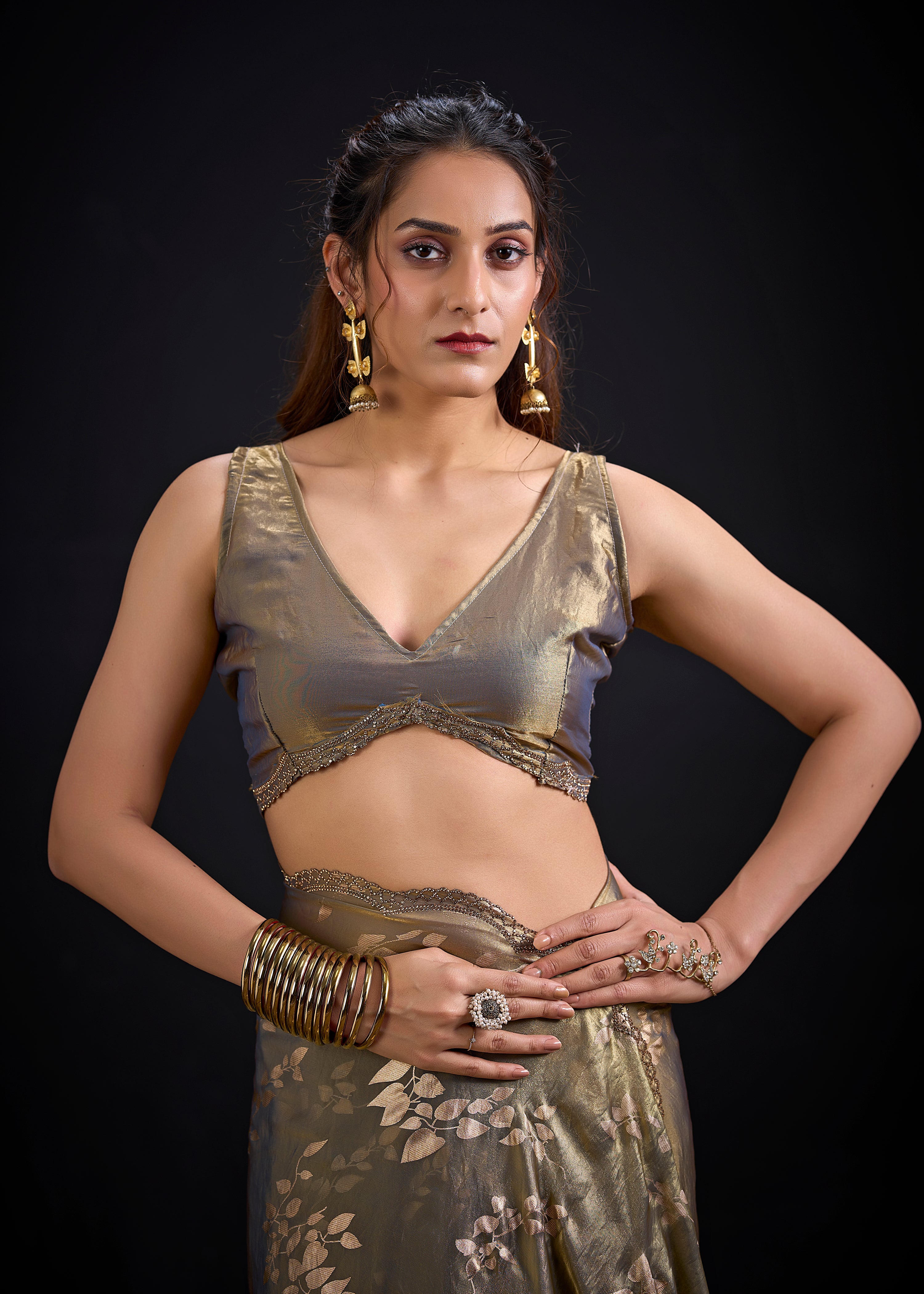 Olive Grey Embellished Satin Silk Saree