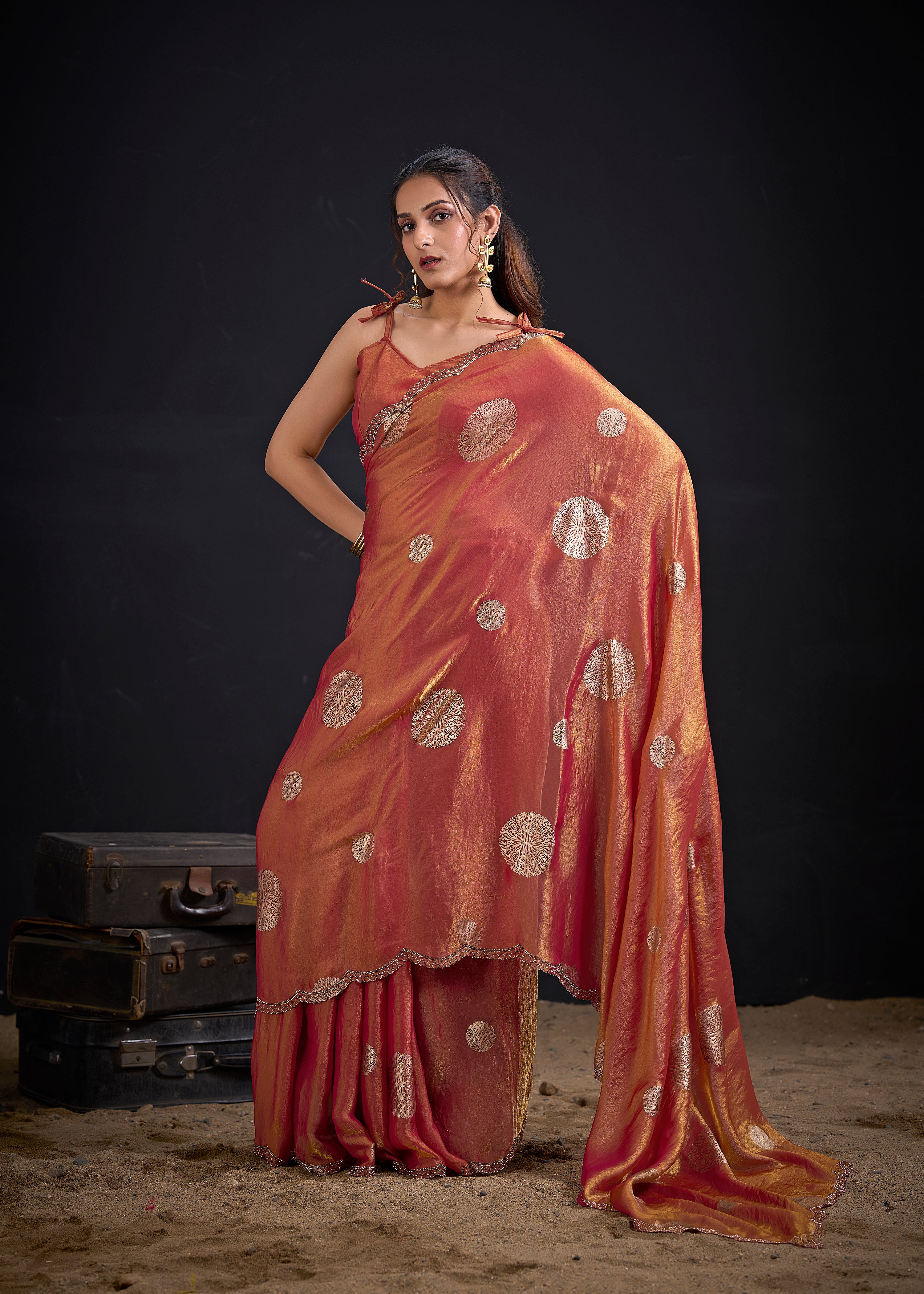 Coral Gold Embellished Satin Silk Saree
