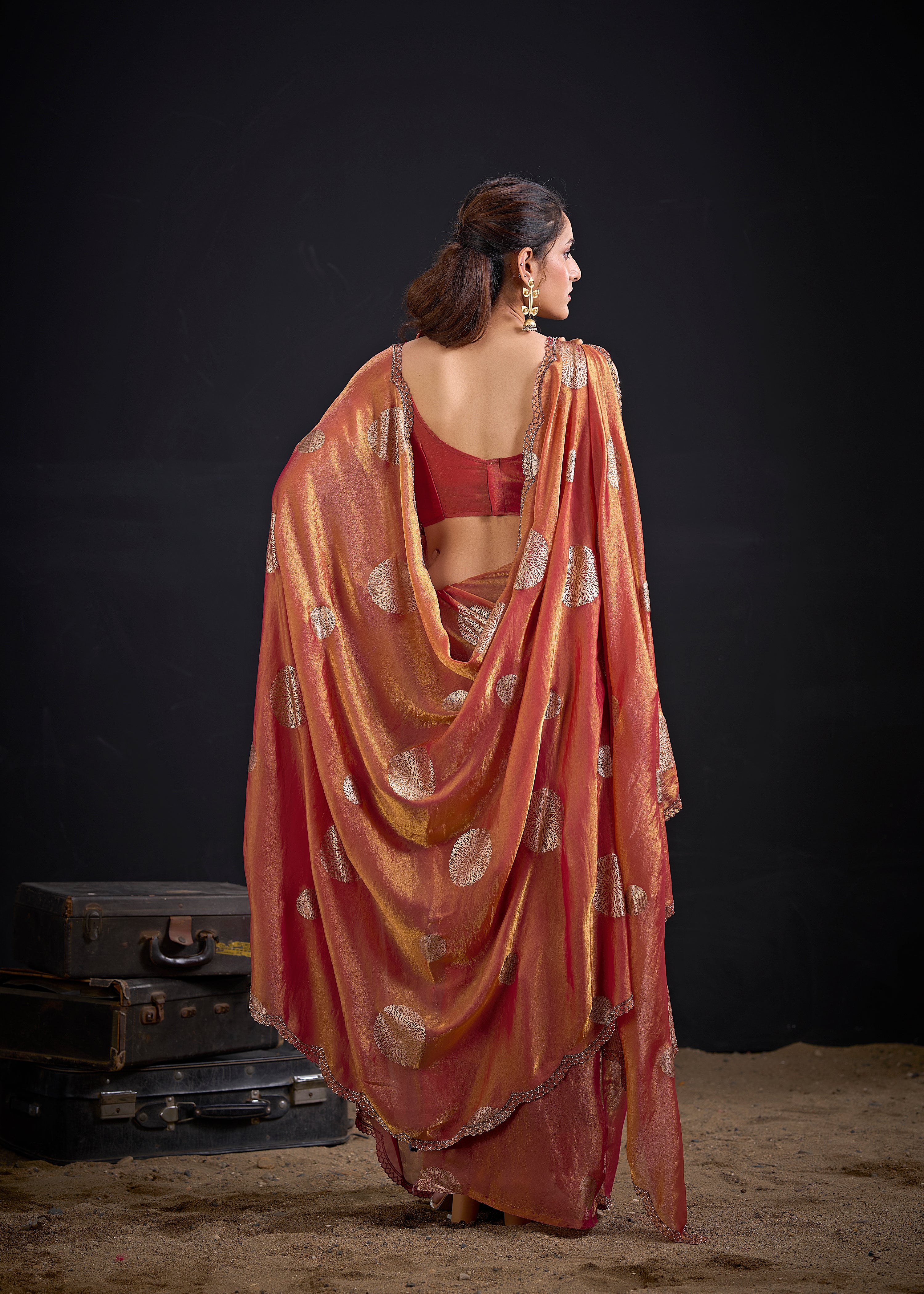 Coral Gold Embellished Satin Silk Saree