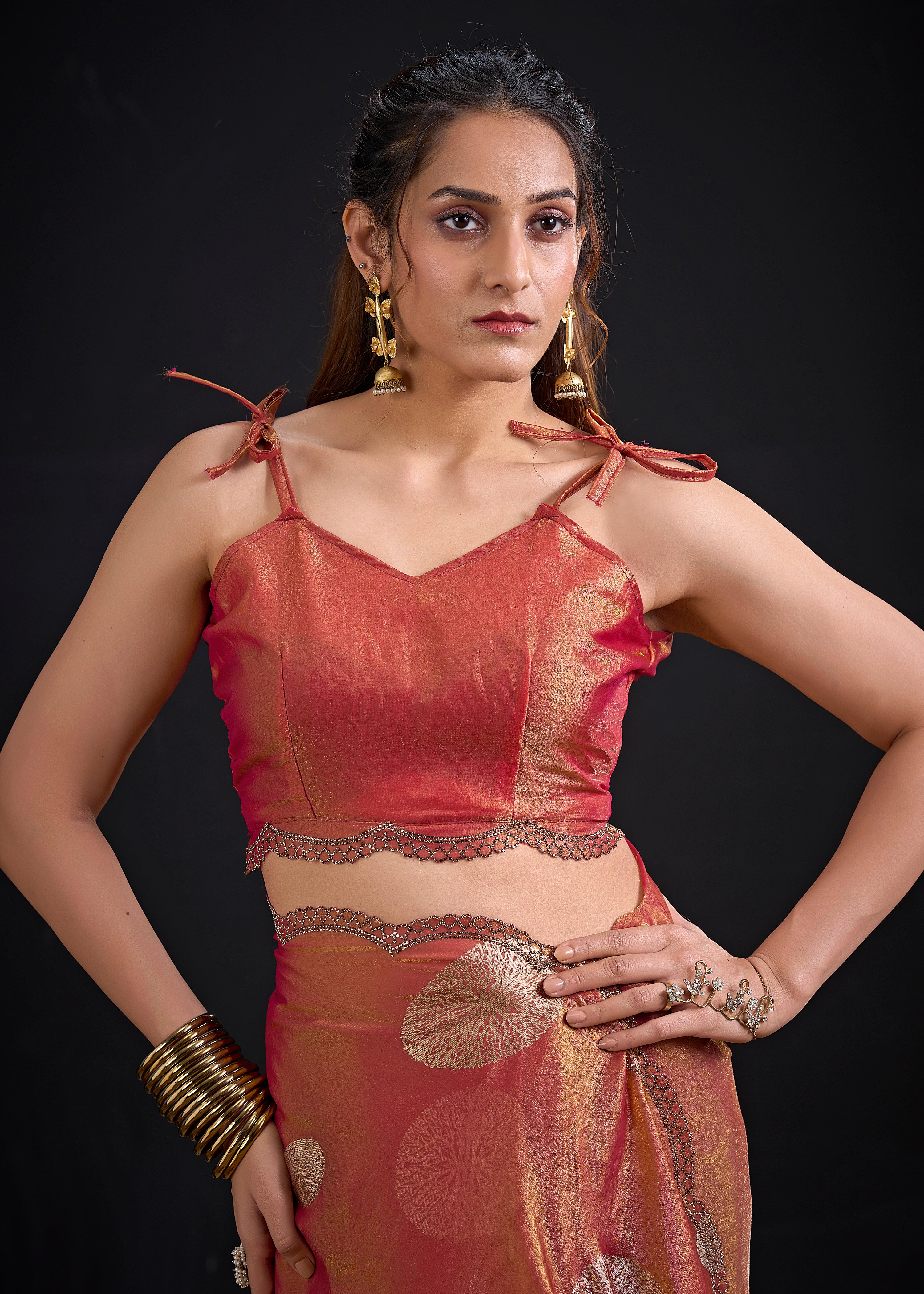 Coral Gold Embellished Satin Silk Saree