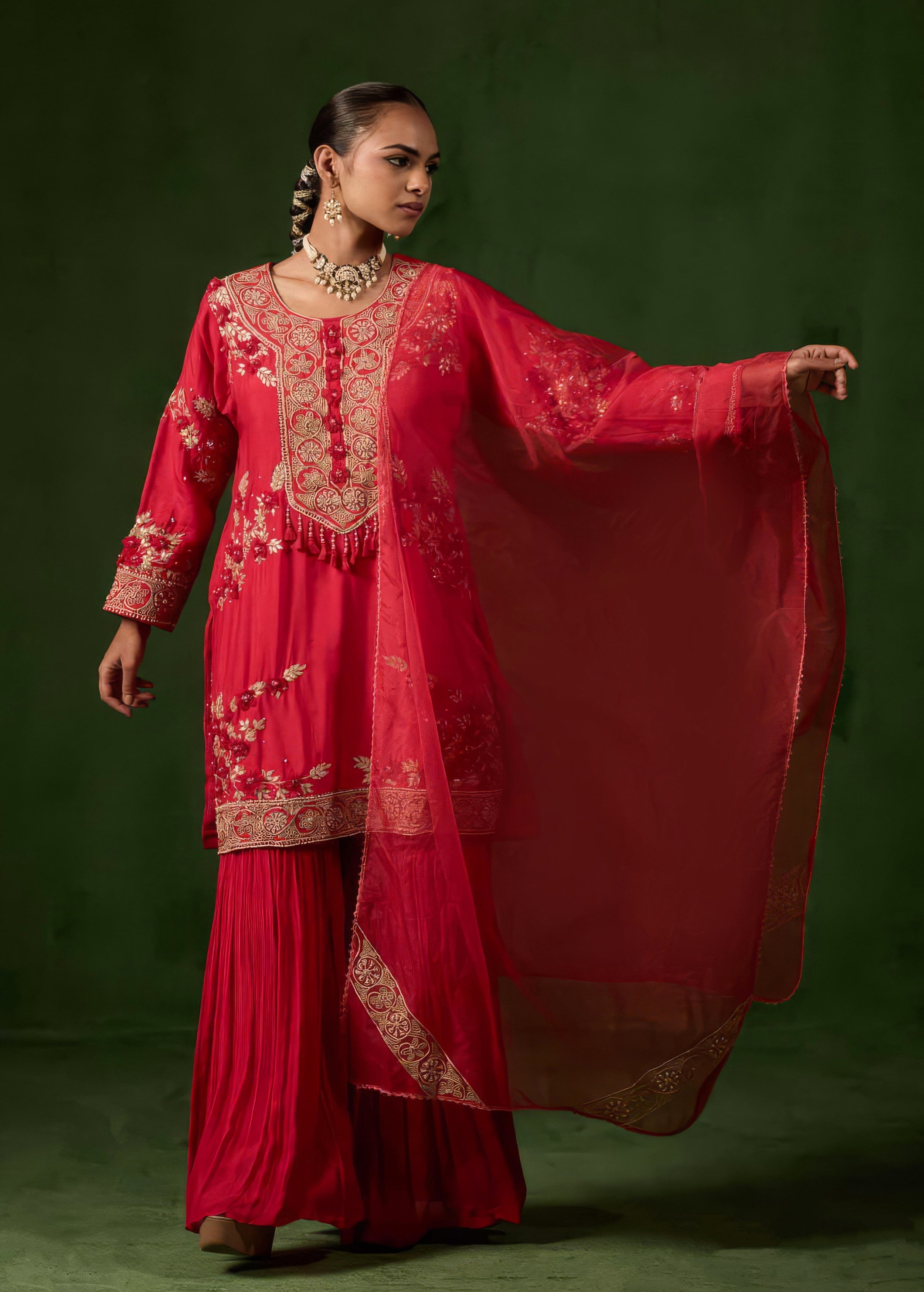 Cherry Red Embellished Raw Silk Sharara Set
