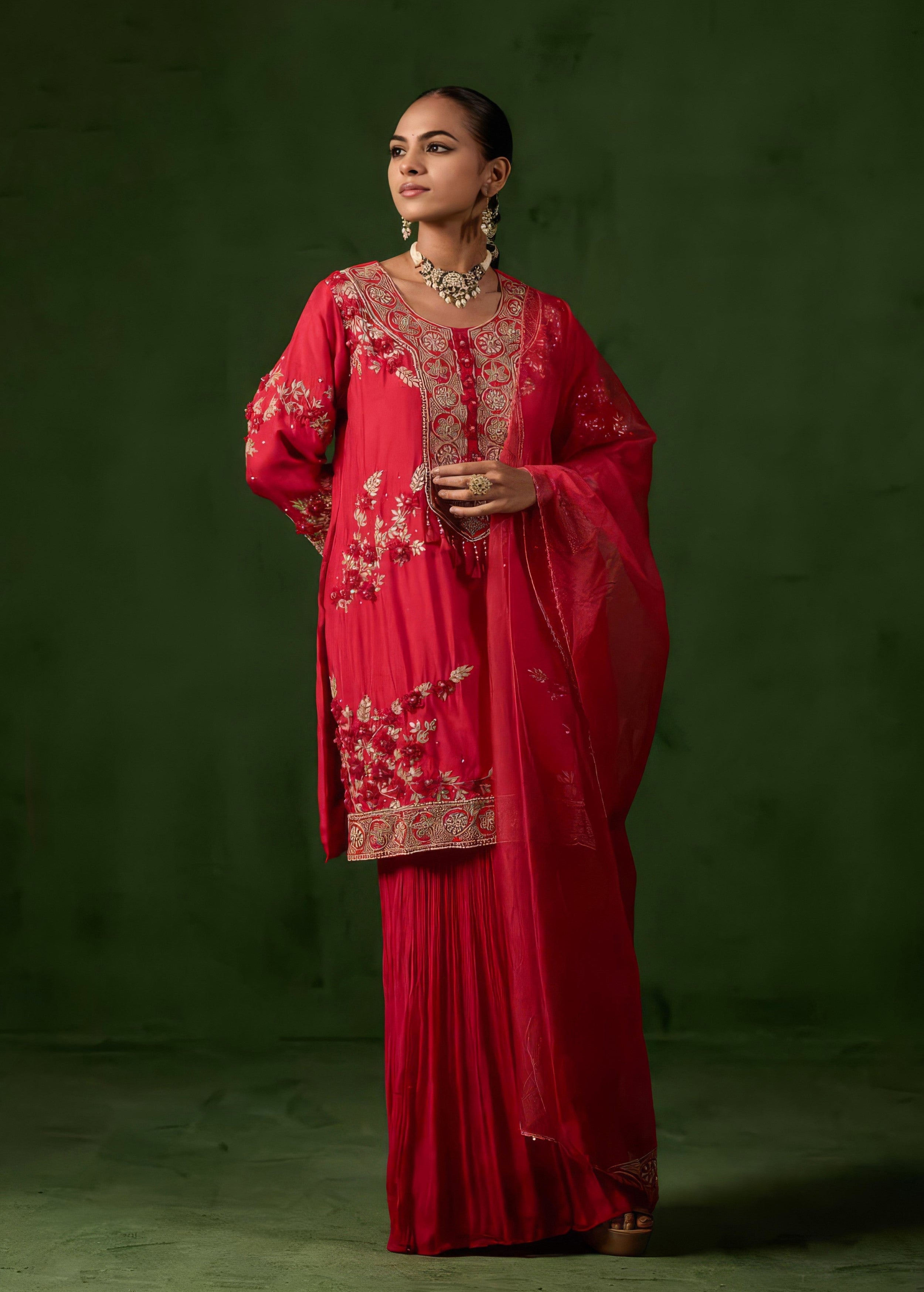 Cherry Red Embellished Raw Silk Sharara Set