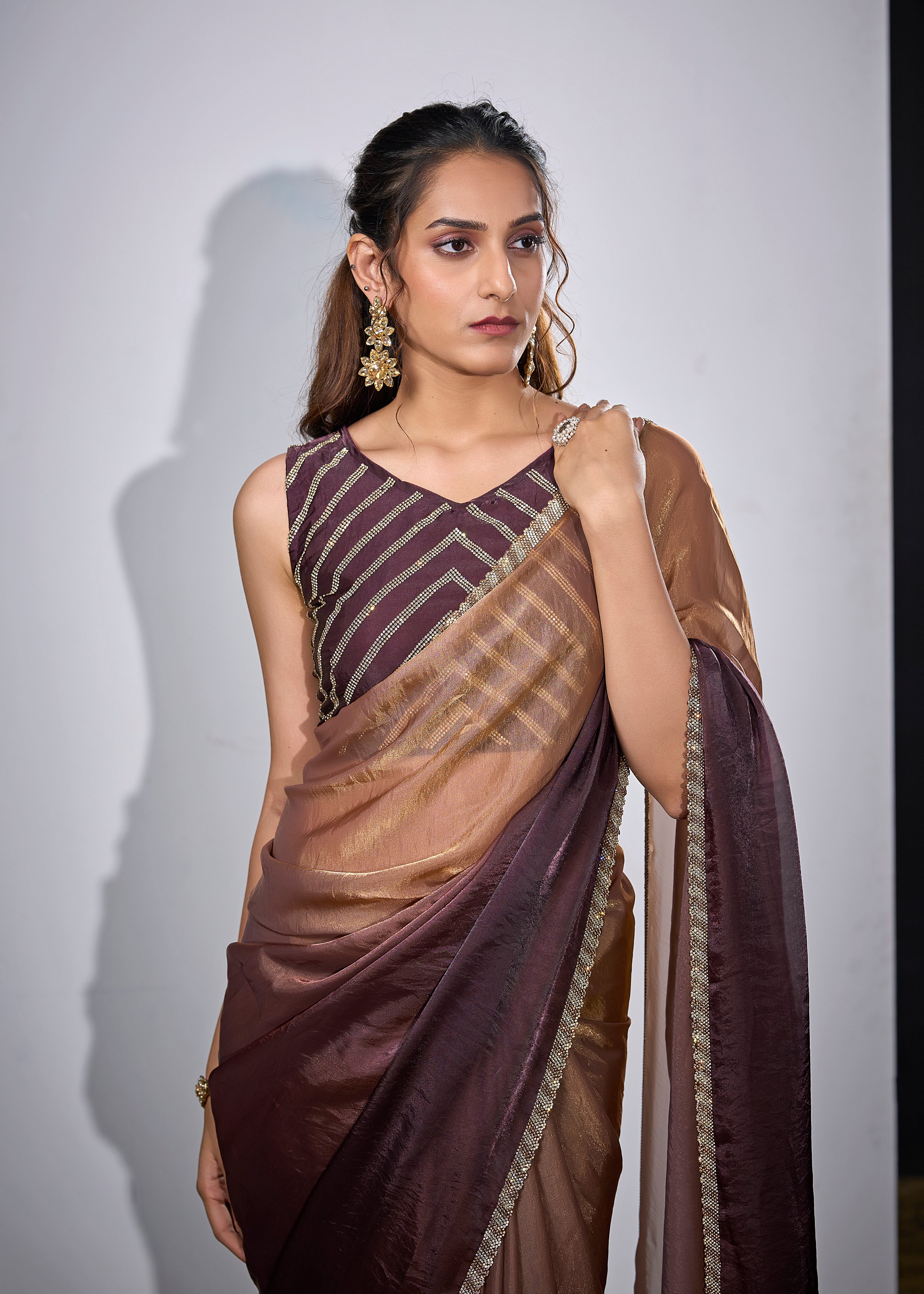 Mocha Mauve Embellished Satin Silk Saree