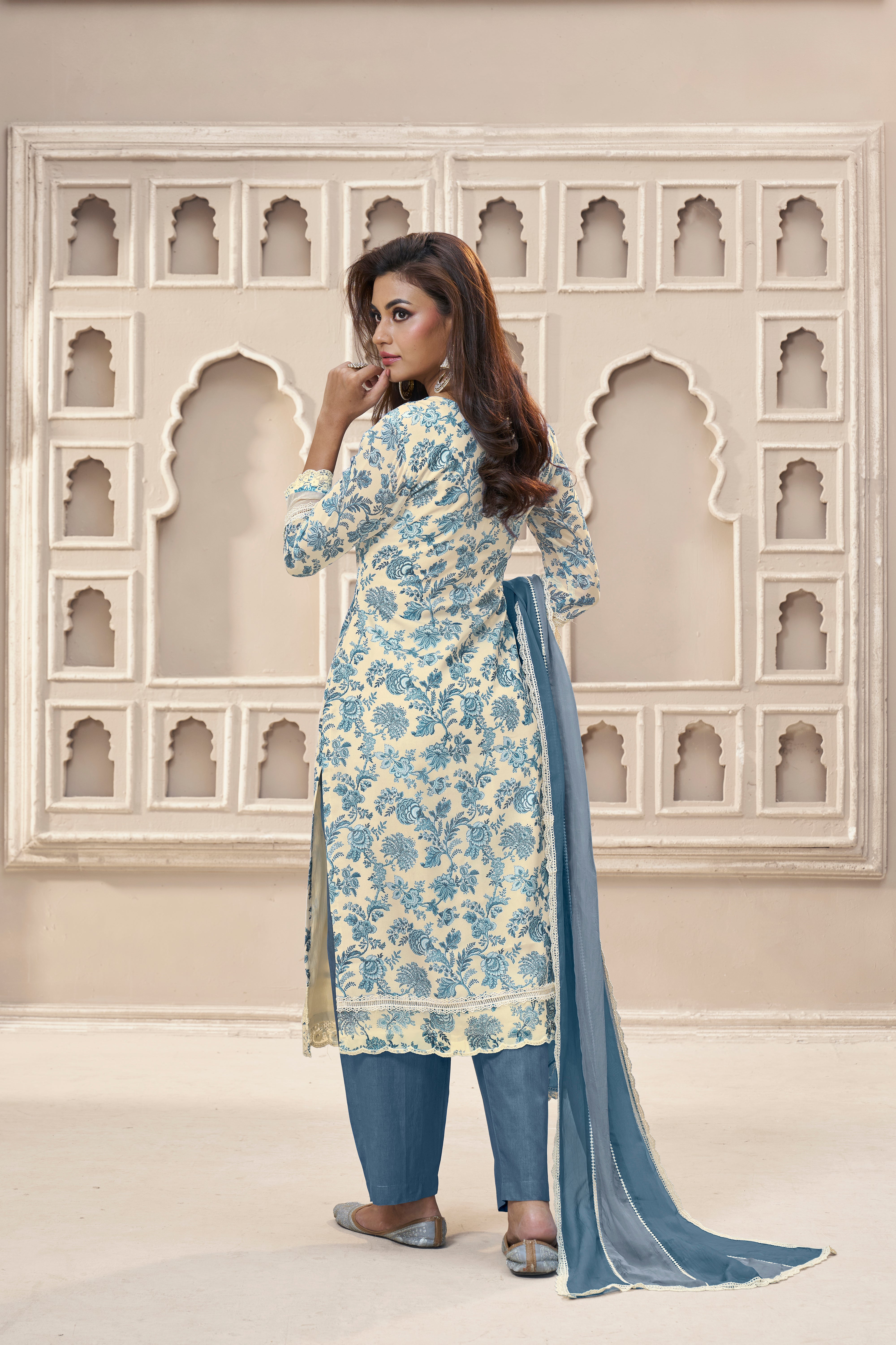 Blue Floral Organza Silk Kurta & Pant Set