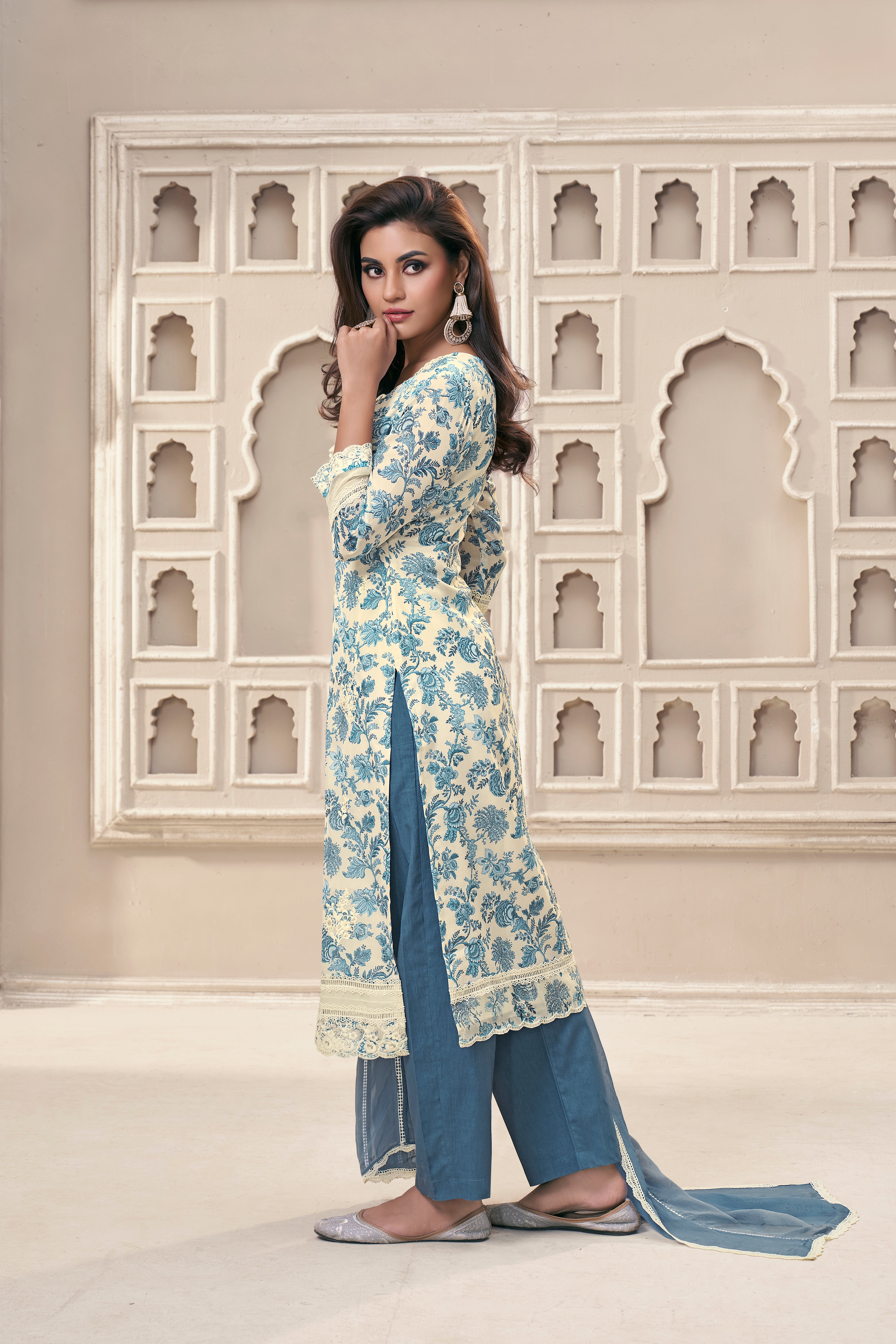 Blue Floral Organza Silk Kurta & Pant Set