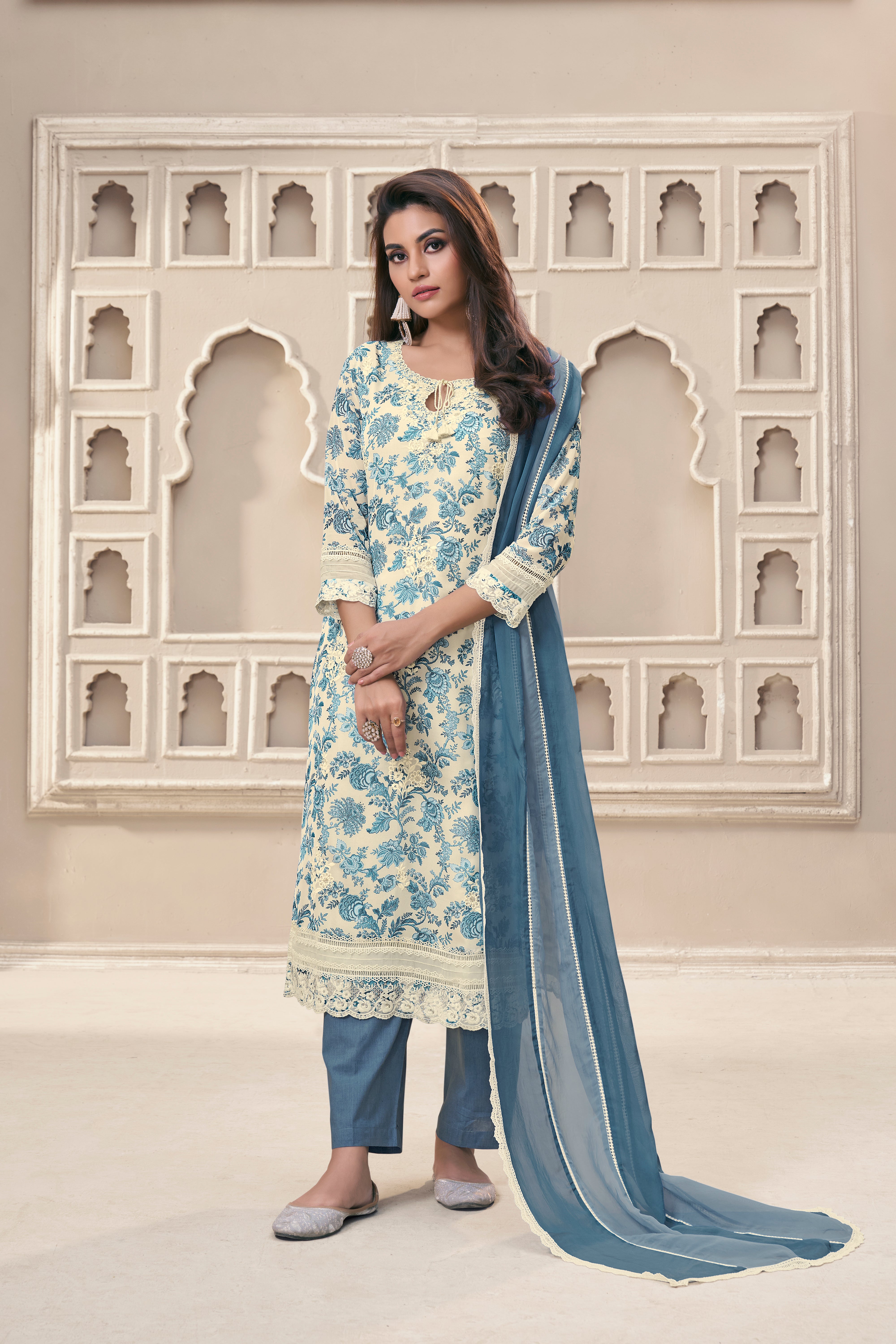 Blue Floral Organza Silk Kurta & Pant Set