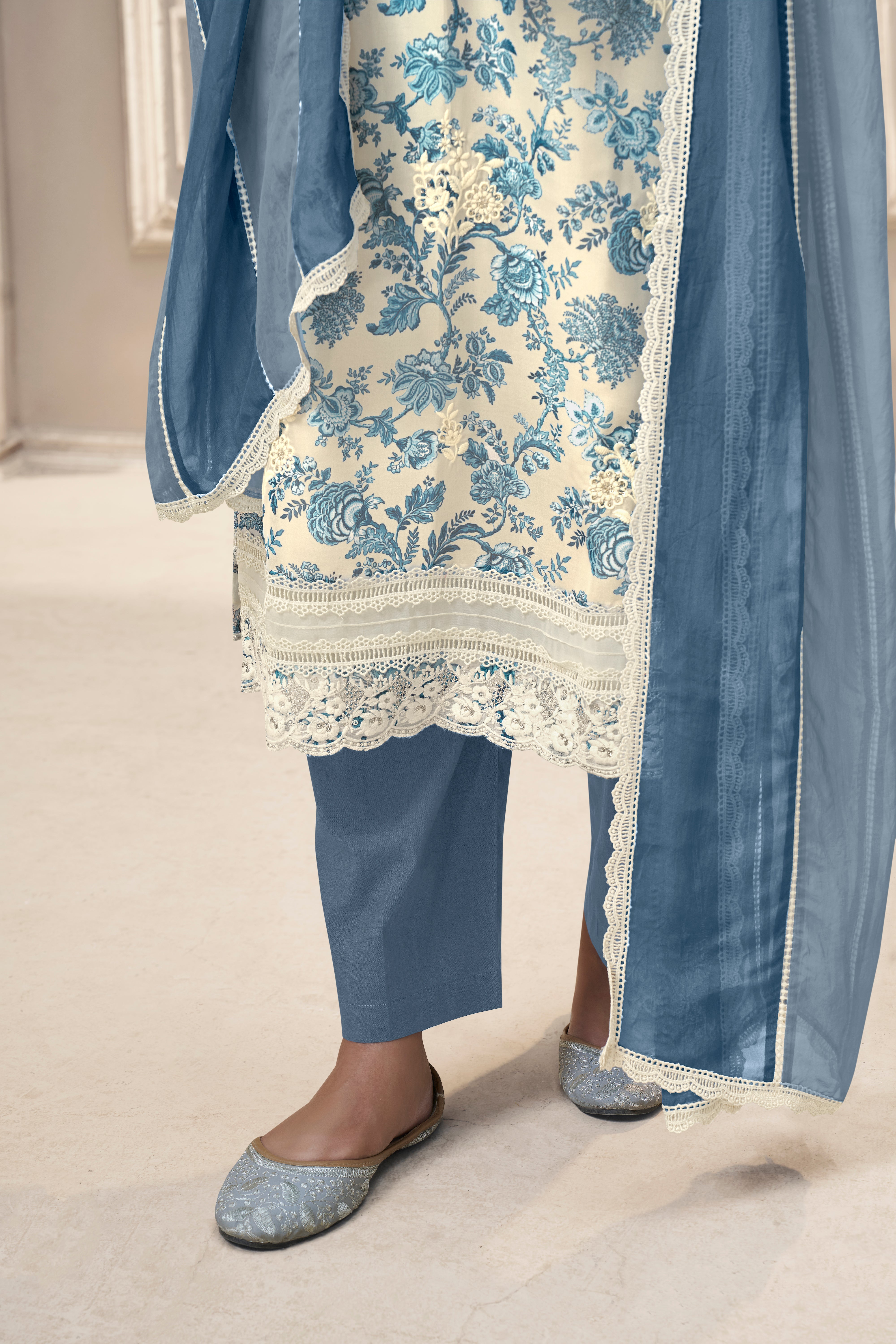 Blue Floral Organza Silk Kurta & Pant Set